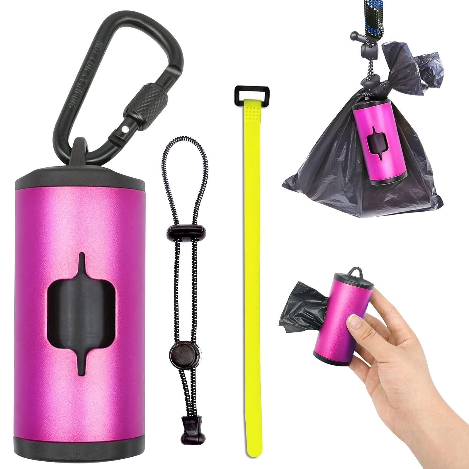 Shaouman Metal Dog Poop Bags Holder Aluminum Poo Bags Dispenser With 15 Black Unscented Pet Waste Bags And 3 Leash Accessories For Dog Walking(1 Holder 15 Bags,Pink)