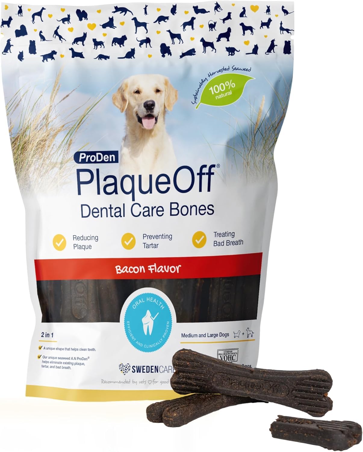 ProDen PlaqueOff System Dental Care Bones - Dog Teeth Cleaning Bones for Oral Hygiene -Medium/Large Canine Formula - Bacon Flavo