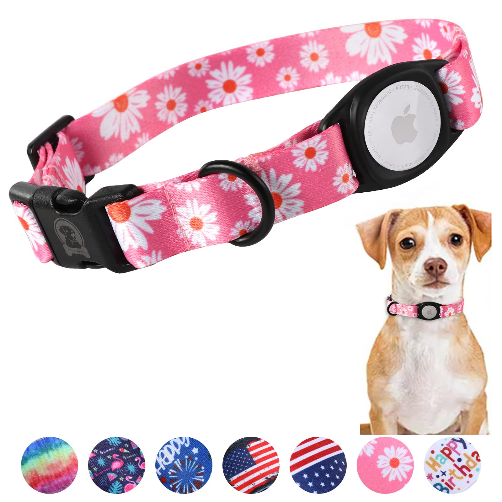 Mr.Chubbyface Airtag Dog Collar Floral Pink Daisy Dog Collar With Apple Airtag Holder For Small Medium Large Boy Girl Dogs