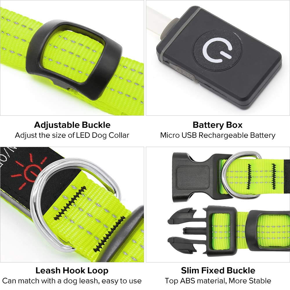 Illumifun Light Up Dog Collar, Usb Rechargeable Led Dog Collars Glow In The Dark, Reflective Glowing Safety Collar Light For Your Large Dogs Walk At Night (Greenⅲ, Large)