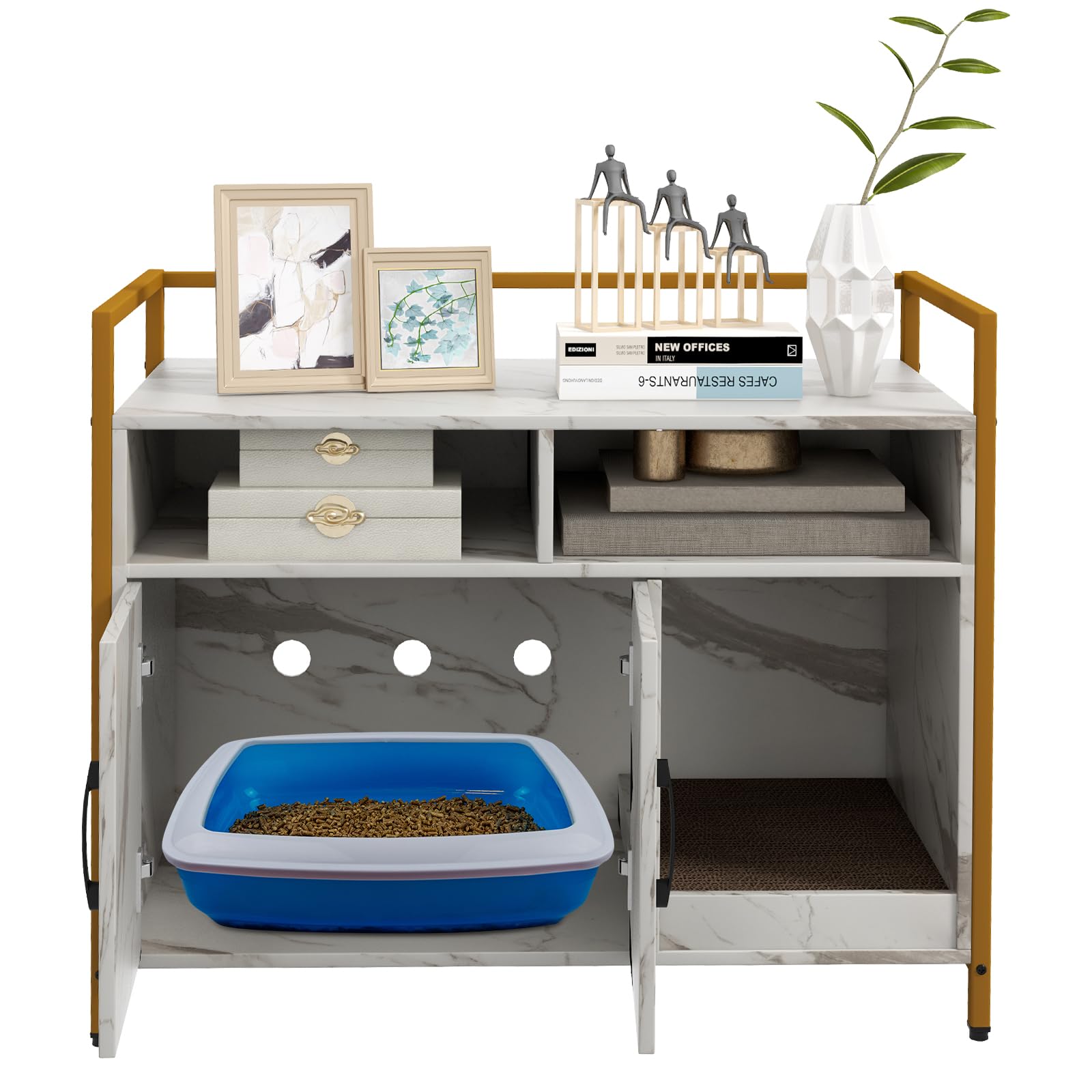Giantex Cat Litter Box Enclosure - Cat Washroom Hidden Furniture with Front Entry, Scratcher, 2-Door Storage Cabinet, 2 Compartm