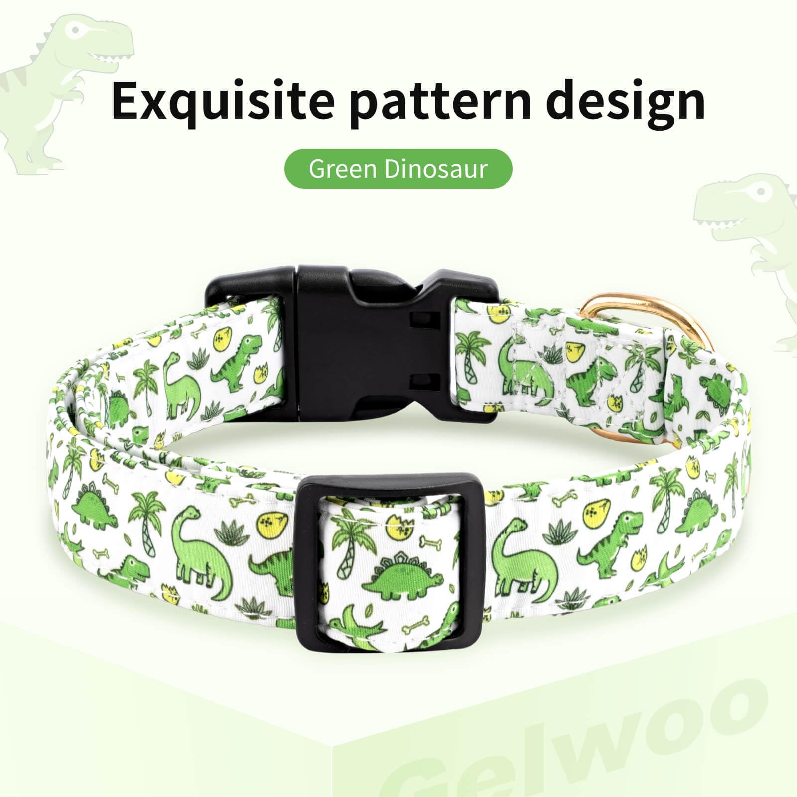 Gelwoo Cotton Dog Collar,Soft and Cute Puppy Collars with Green Dinosaur Patterned Design for Girl Female Boy Dogs,Adjustable Bu