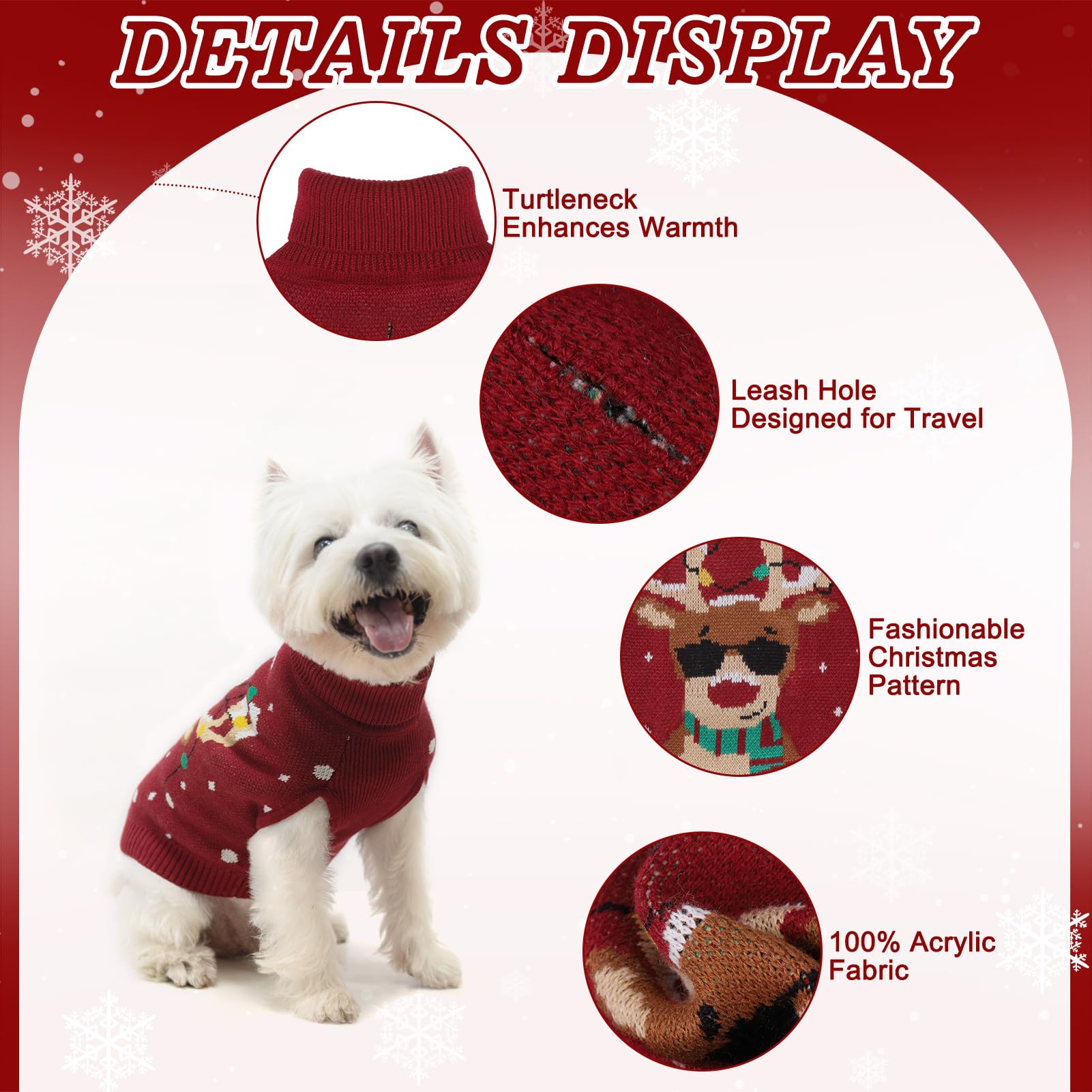 Pawchie Christmas Dog Sweater Turtleneck Outfit With Leash Hole, Knitted Pet Winter Warm Clothes For Small Dogs Boy Girl