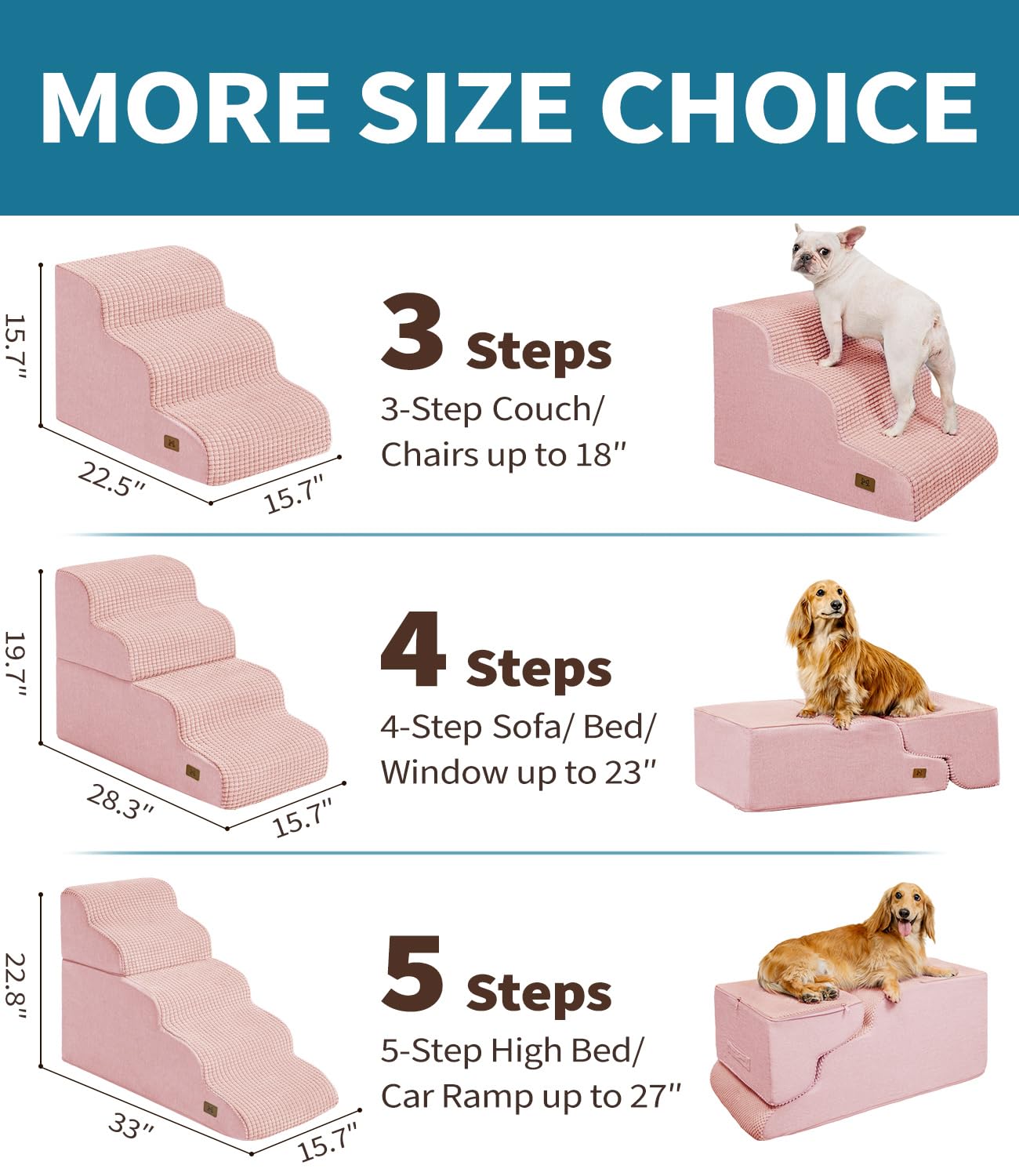 ABCPET Dog Step for Bed, Dog Stair 5-Step 35D Pet Stair 22.8 H for High Bed or Sofa Non-Slip Balanced Pet Step Indoor, Pink