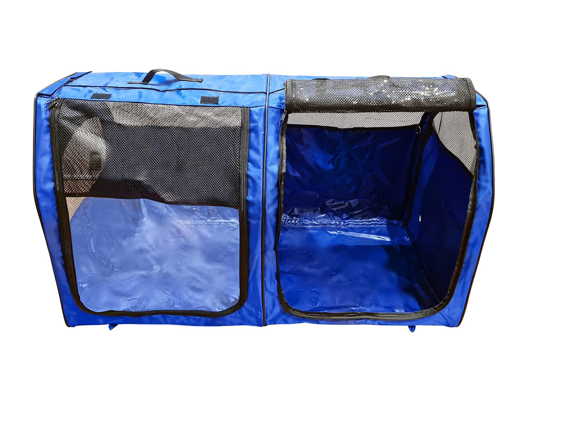 HandinHandCreations Portable Cat Show House - Blue Plastic Double Crate with Soft Mats for Home or Travel