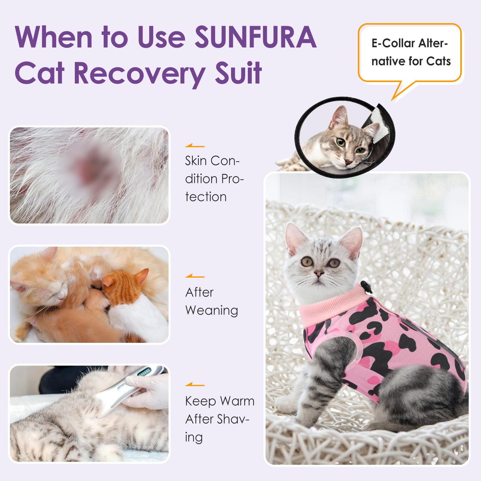 Sunfura Recovery Suit, Onesie For Cats After Surgery, Breathable Surgical Spay Suit For Abdominal Wounds Skin Diseases, E-Collar