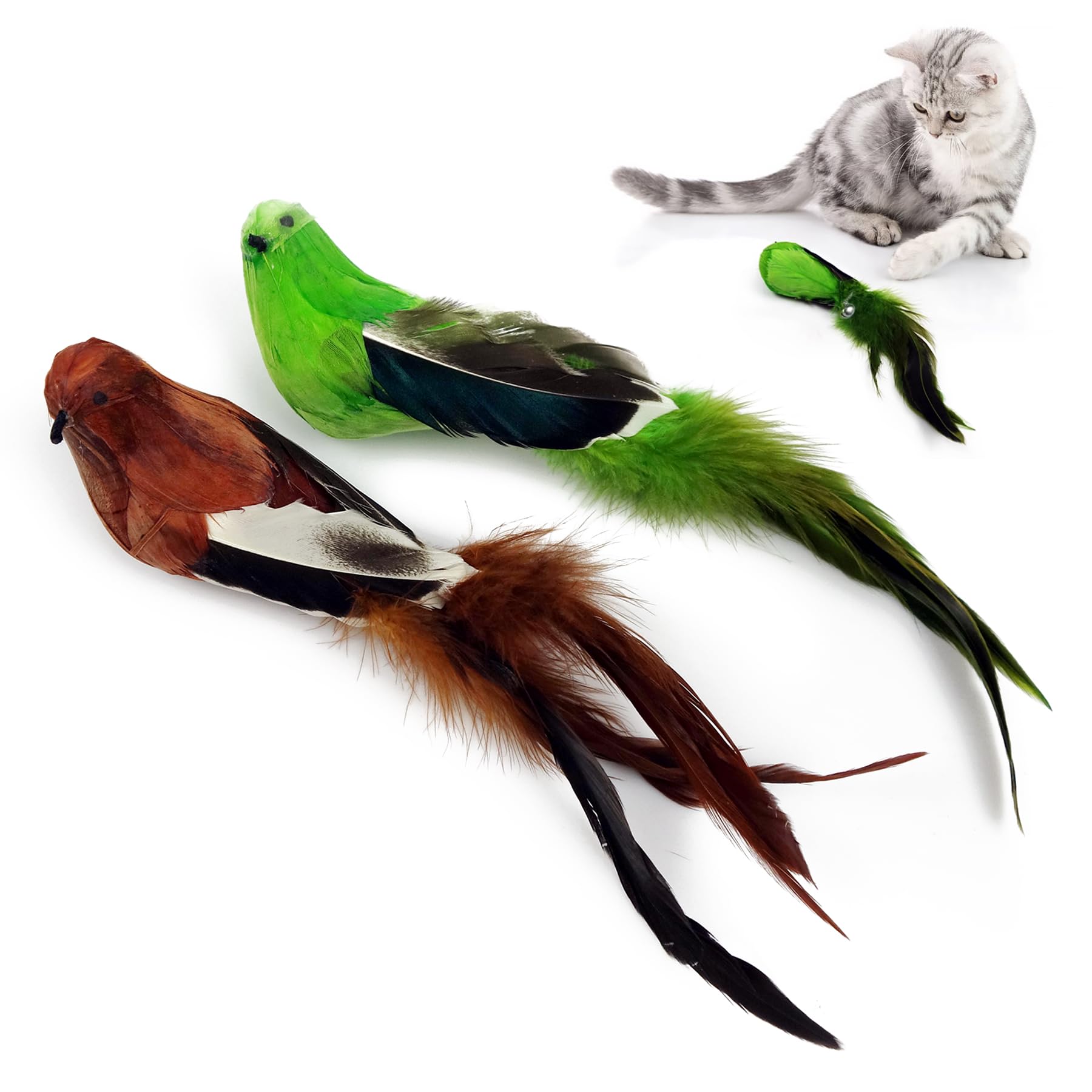 Ttcat 2 Pcs Real Feather Cat Birds Toys Realistic Simulation Birds Toys With Bells For Indoor Cats Kittens.