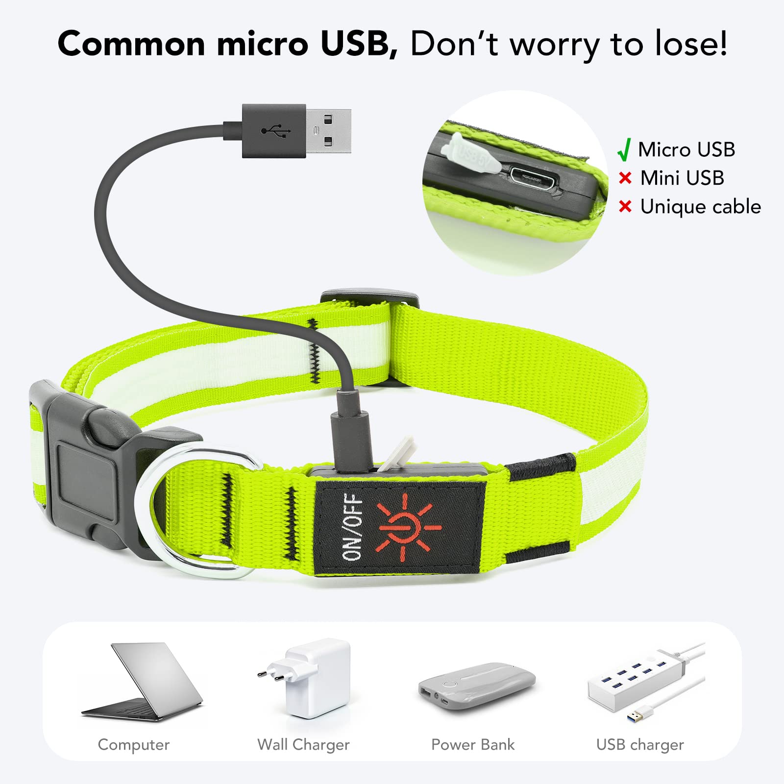 Pzrlit Led Light Up Dog Collars Micro Usb Rechargeable Waterproof, Full Adjustable Lighted Glow Dark Dog Collar Light For Night Walking For Small Medium Large Dogs, Green