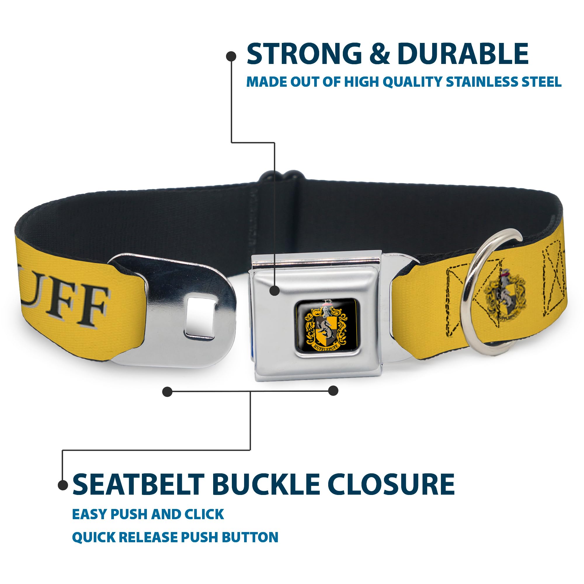 Dog Collar Seatbelt Buckle Harry Potter Hufflepuff Crest Yellow Black 13 To 17 Inches 1.5 Inch Wide