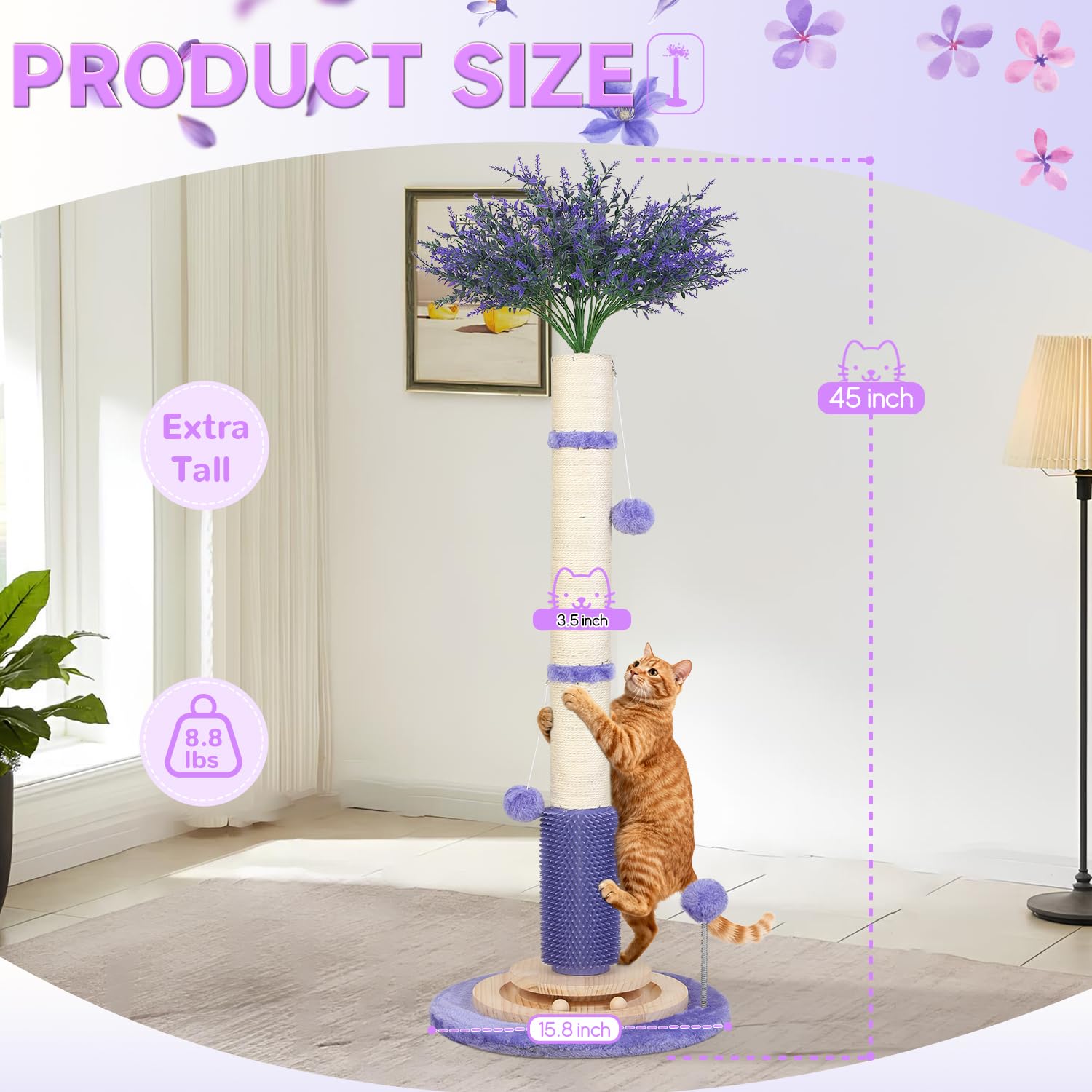 Cat Scratching Post for Indoor Large Adults,45 Tall Vertical Cat Scratcher with 3.5Inch Diameter Sisal Post for Protect Furnit