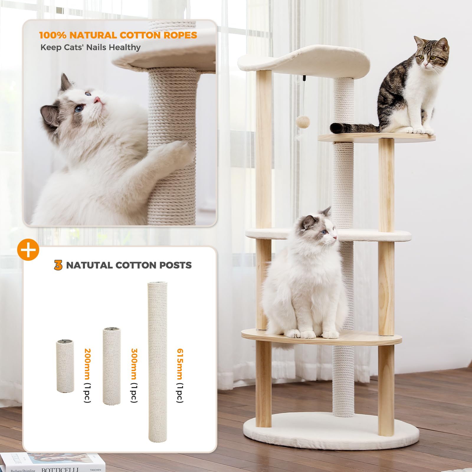 PETEPELA Cat Tree Tower - 5-Level Indoor Climbing Play House, Engineered Wood, Beige, Model AM11-3-AMT0075BG