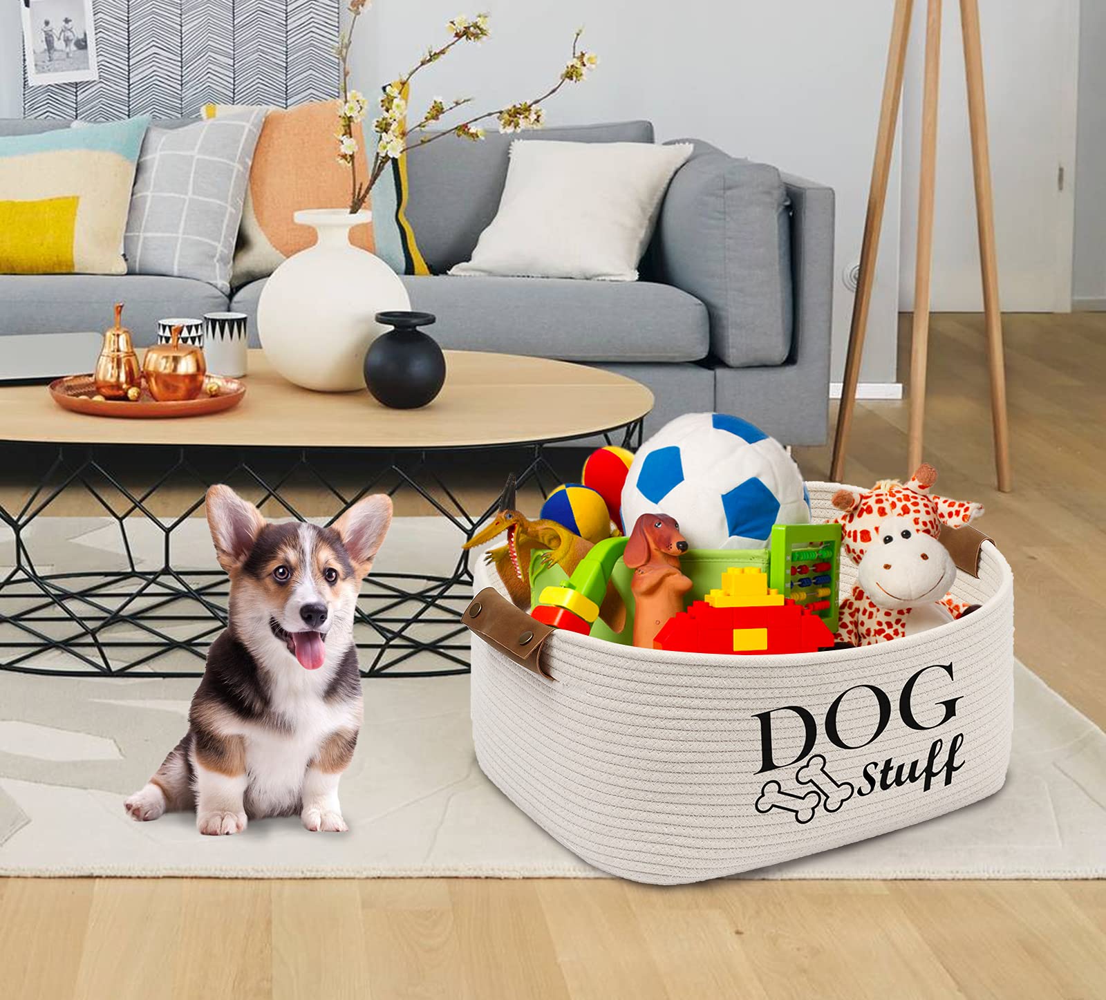 Geyecete Square Dog Toy Basket Storage Cotton Rope Storage Basket Pet/Pet Toy and Accessory Storage Bin Doy Toy Box-Beige