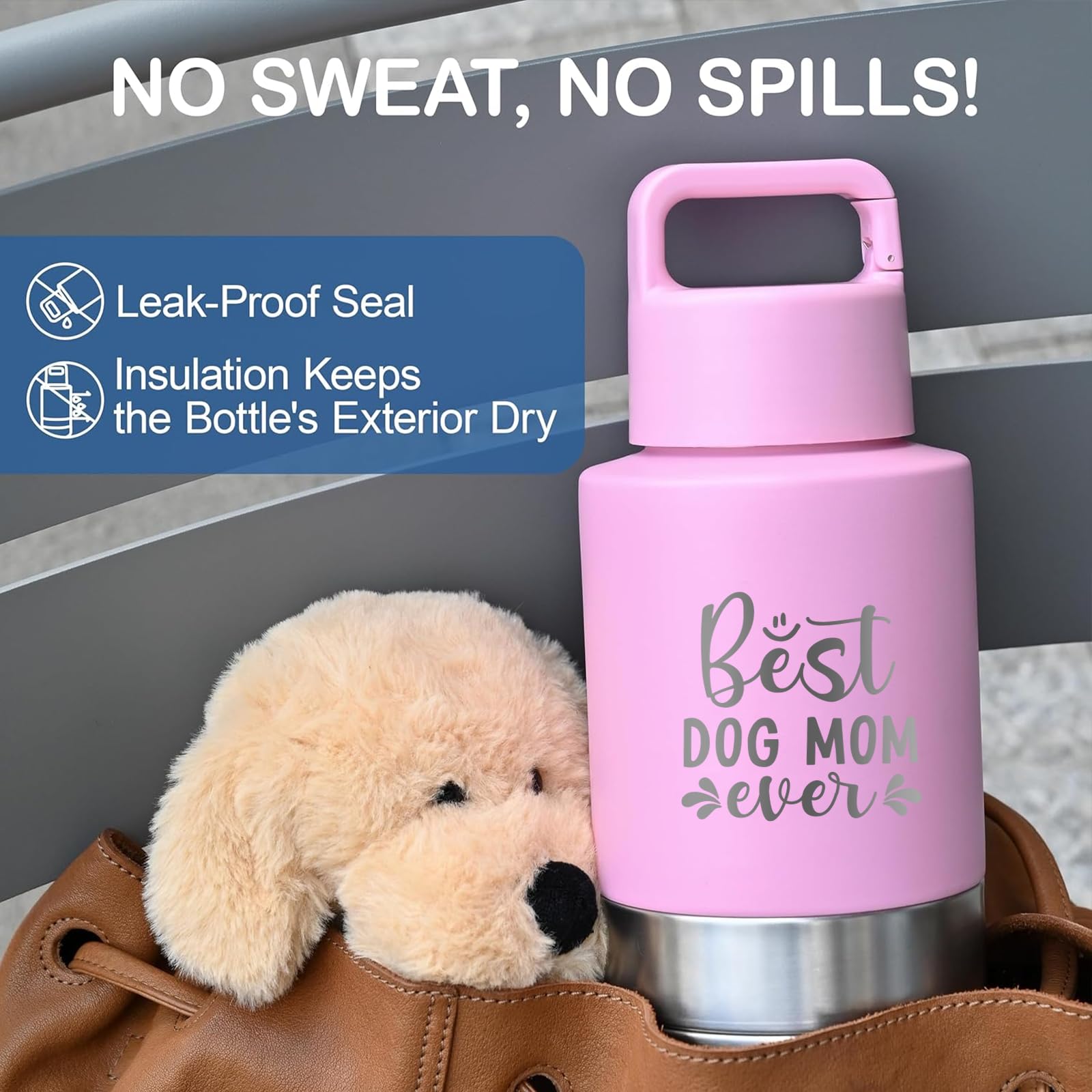 KEWIXY Insulated Dog Travel Water Bottle Dispenser, 32 Oz, Stainless Steel, Pink: Best Dog Mom, Model HD-010-TX