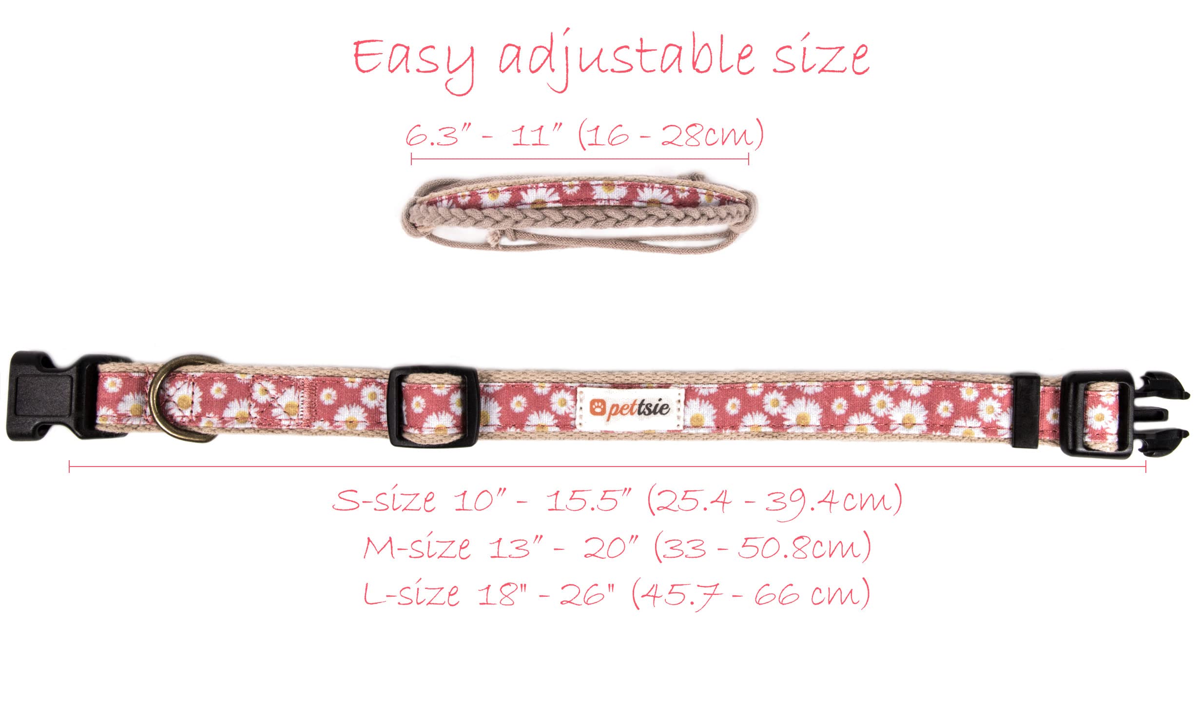 Pettsie Matching Dog Collar, Bandana, Friendship Bracelet, Durable Hemp, 3 Adjustable Sizes, Comfortable And Soft For Sensitive Skin, Carton Box, Strong D-Ring For Easy Leash Attachment, S, Pink