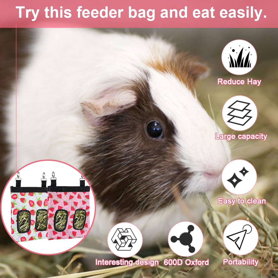 DZWLKJ Guinea Pig & Rabbit Hay Feeder - Hanging Feeder Sack for Small Pets, Stainless Steel, 600D Oxford