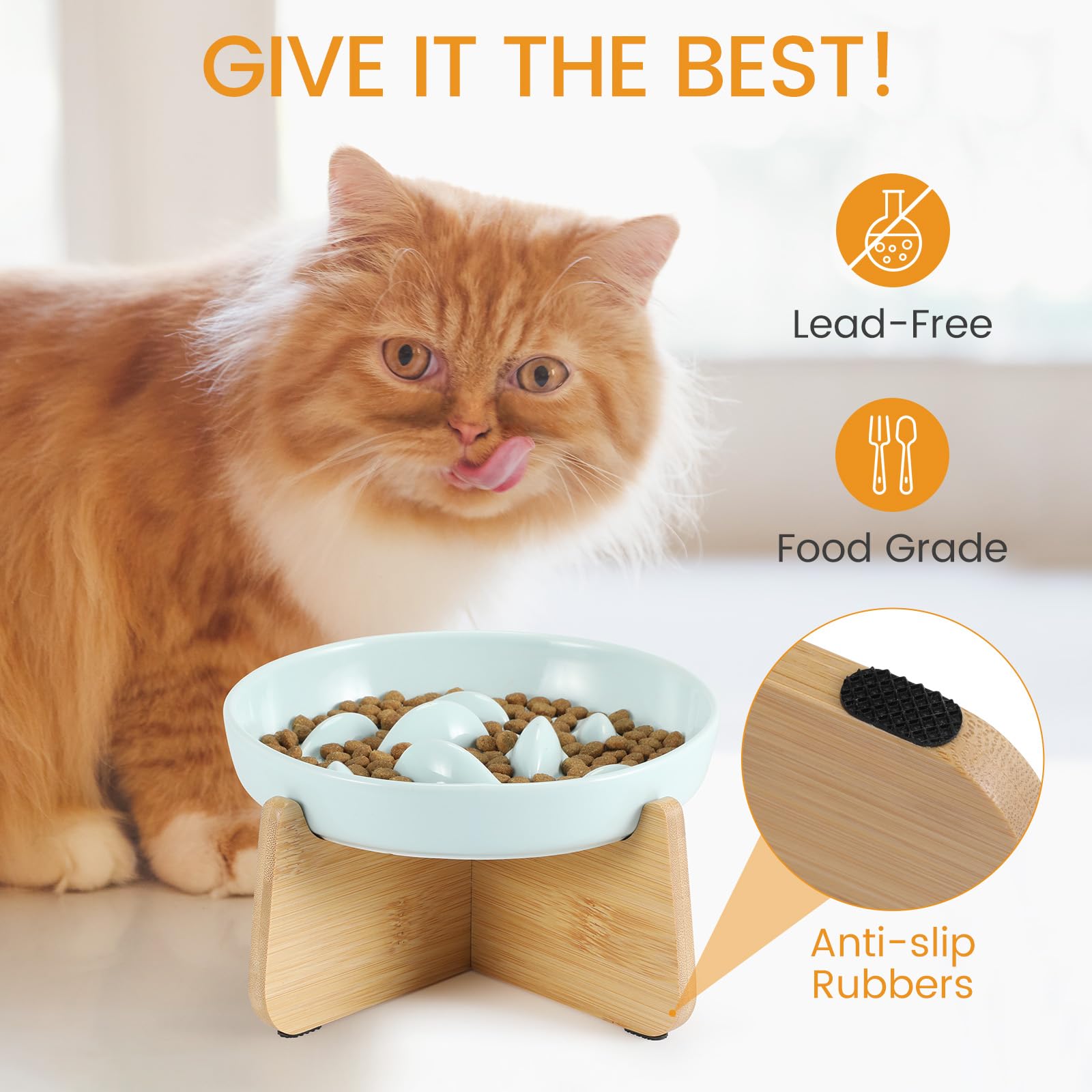 PETTOM Slow Feeder Cat Bowl with Stand, Ceramic Slow Eating Cat Bowl with Higher Edges Fish Pool Design Elevated Food Bowls for