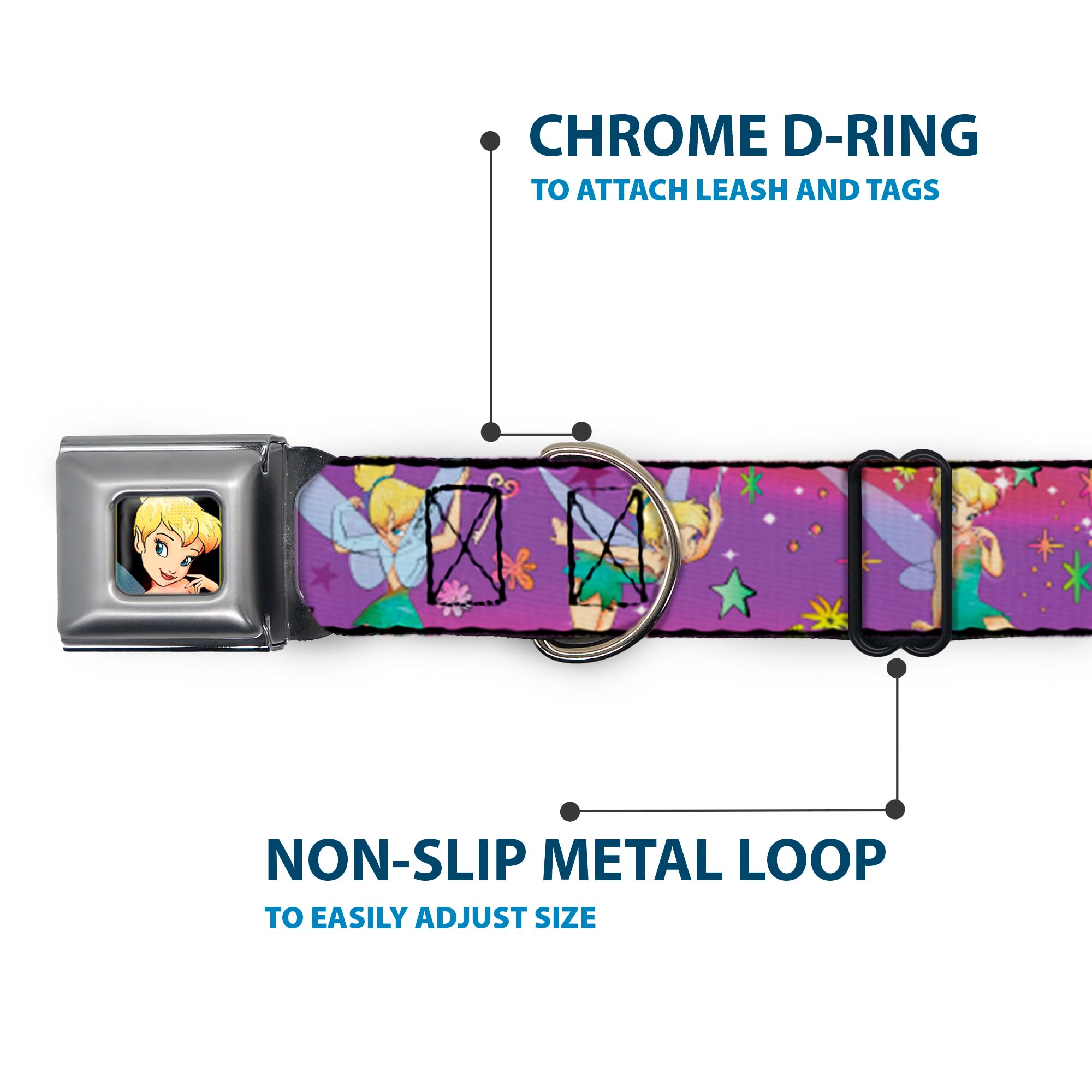 Buckle-Down Dog Collar Seatbelt Buckle Tinker Bell Poses Flowers Stars Skull Purple, Multi Color, 1' Wide - Fits 9-15' Neck -