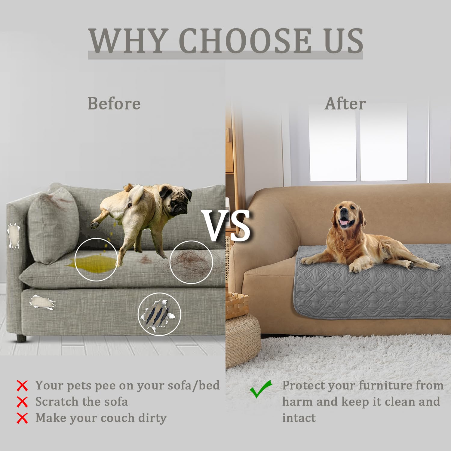 Fuguitex Waterproof Dog Bed Cover Dog Blanket For Pet Furniture Bed Couch Sofa Reversible Linen Texture(52''*82'',Light Grey+ Li