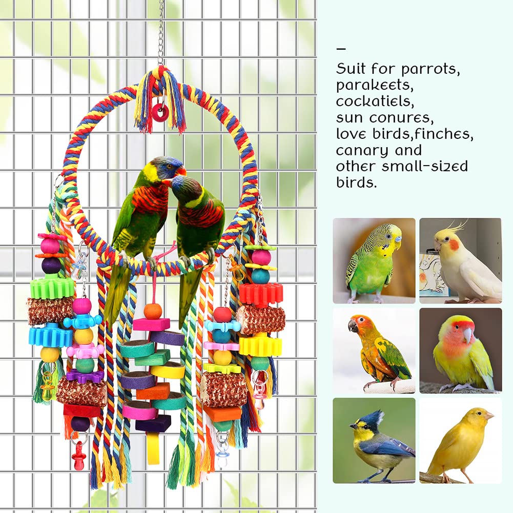Bird Toys Bird Rope Ring Swing Perch With Corn Cob Cardboard Bagels Wooden Blocks Chewing Toys For Parakeets,Cockatiels,Conure,L