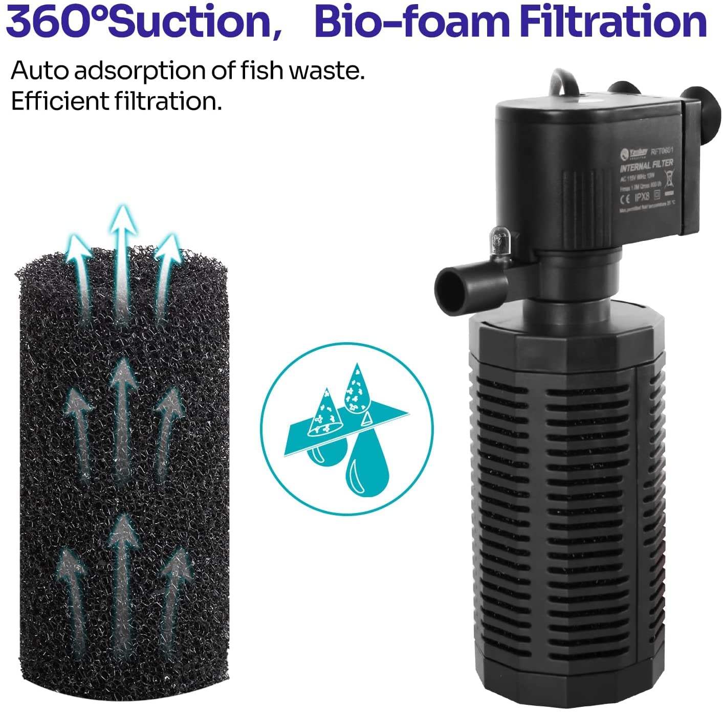 Yaubay Aquarium Internal Filter For 10-50 Gallon Tanks, 13W Power Biochemical Sponge Fish Turtle Tank Filter With Aeration Syste