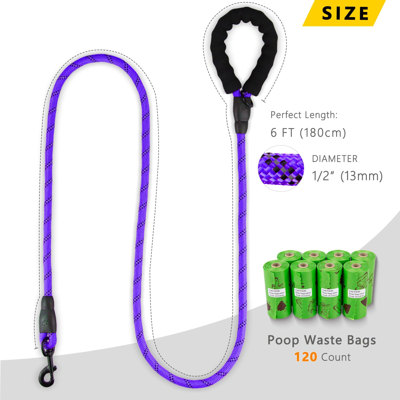 POUPUA 6FT Rope Dog Leash with Comfortable Padded Handle, Heavy Duty Leash for Small Medium and Large Dogs with Highly Reflectiv