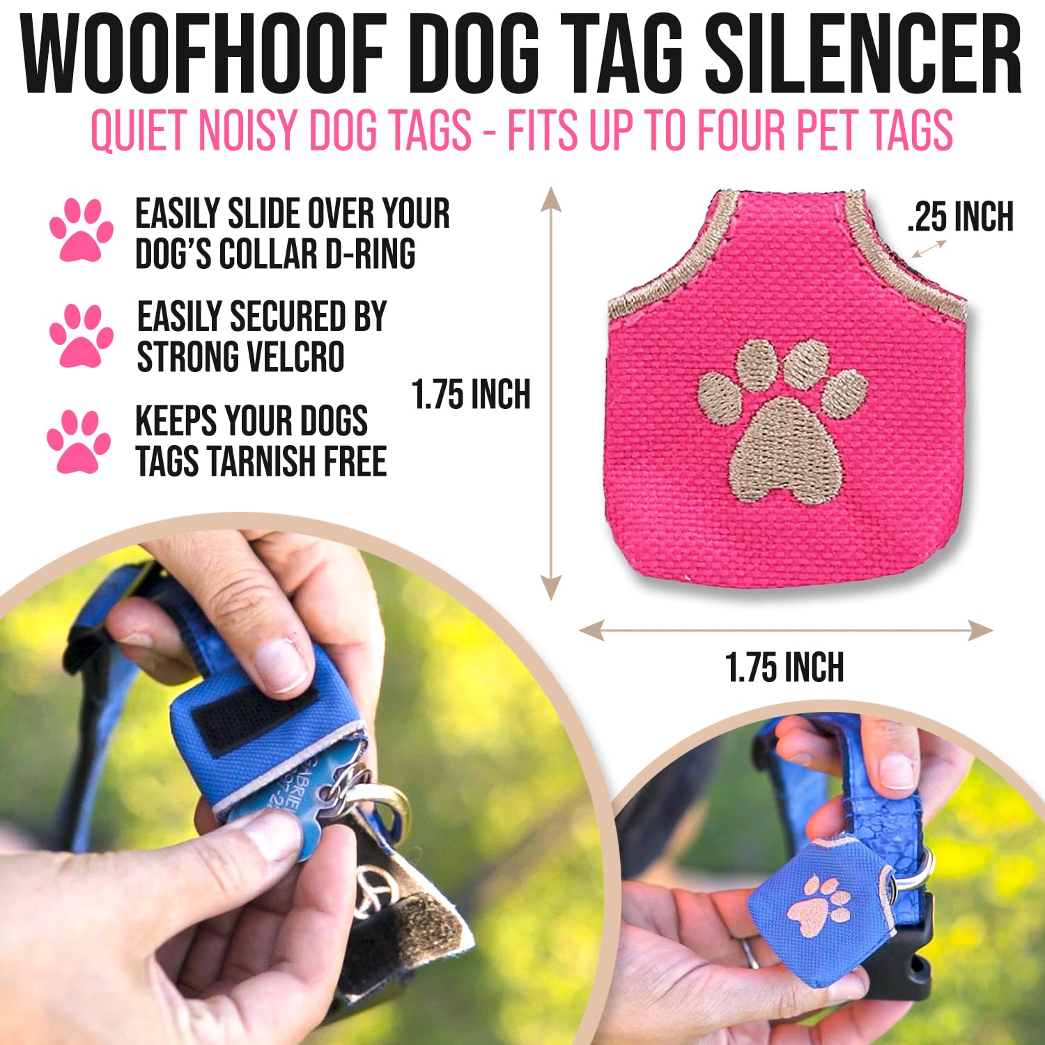 Woofhoof Dog Tag Cover - Durable Nylon, Pink Pawprint, Fits 4 Pet IDs, 1.75"x1.75"x0.25", Model Pea-6779, Machine