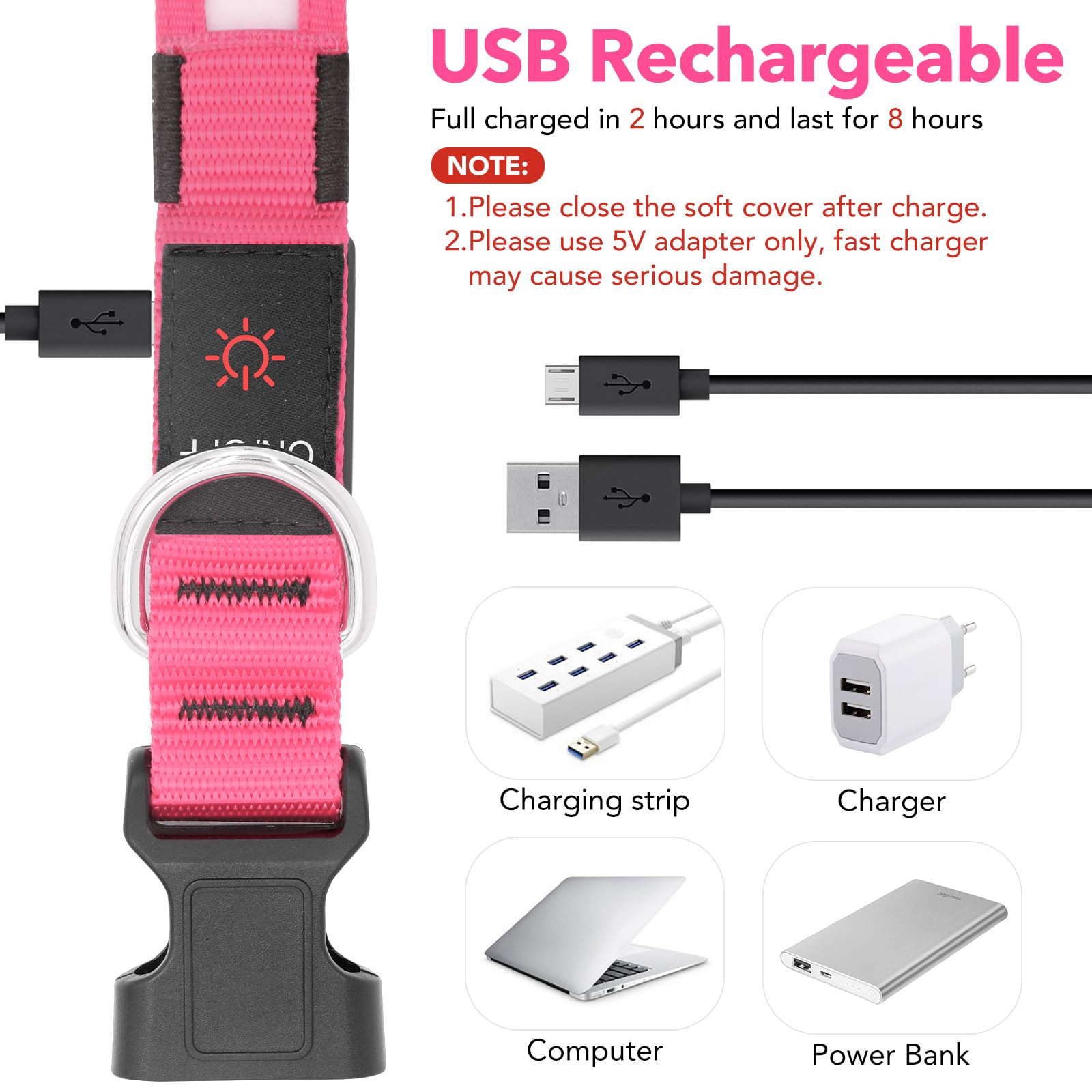 Vizpet Led Dog Collar, Light Up Dog Collar Adjustable Usb Rechargeable Super Bright Safety Light Glowing Collars For Dogs (Medium, Pink)