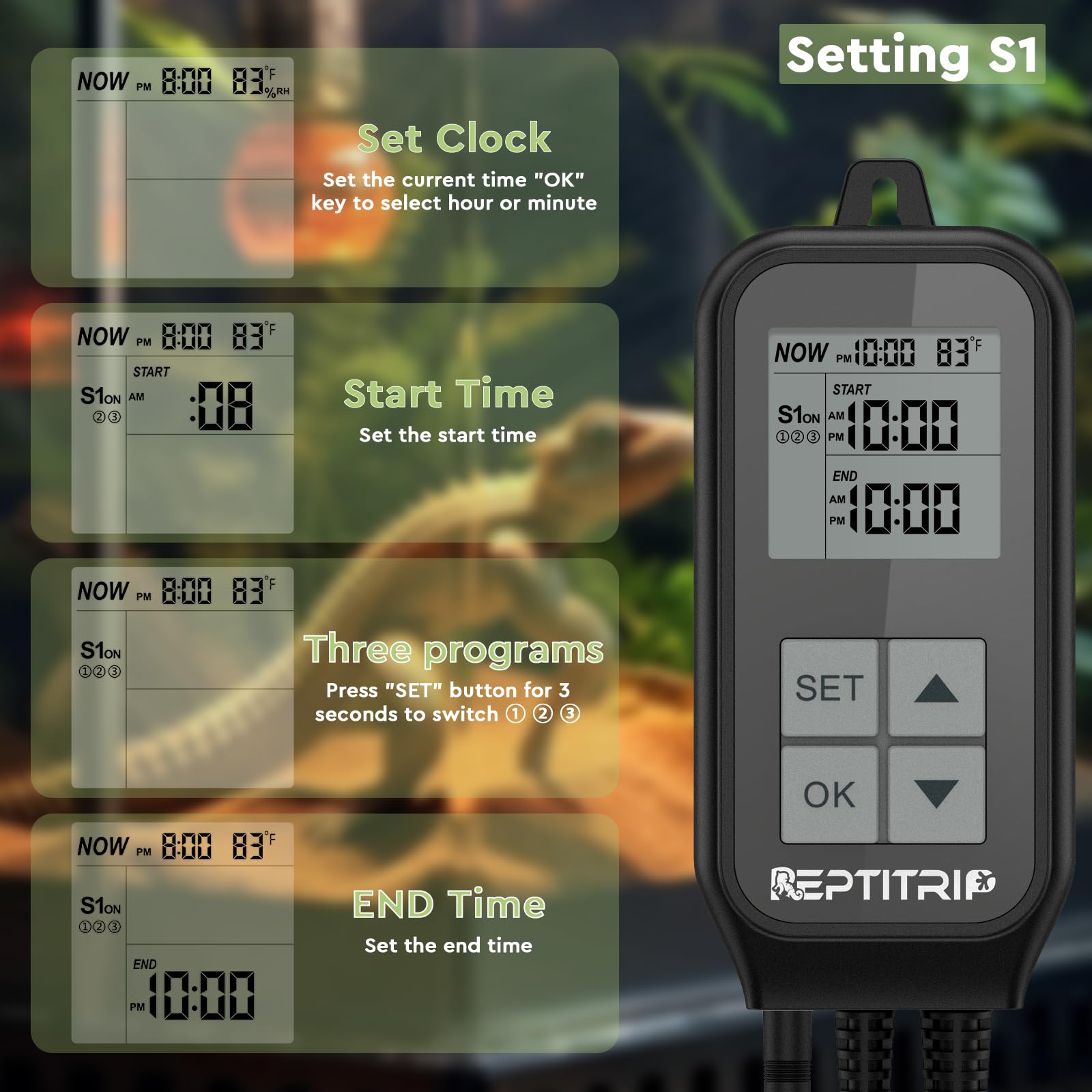 Reptitrip Reptile Thermostat, Reptile Light Timer For Temperature And Lighting Control, Day-Night Timer Thermostat With Reptile