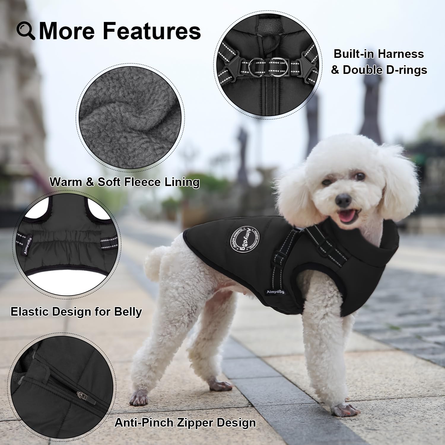 AIMYDOG Warm Dog Winter Coat, Waterproof Windproof Dog Cold Weather Jacket, Reflective & Adjustable Black Pet Vest with Harness,