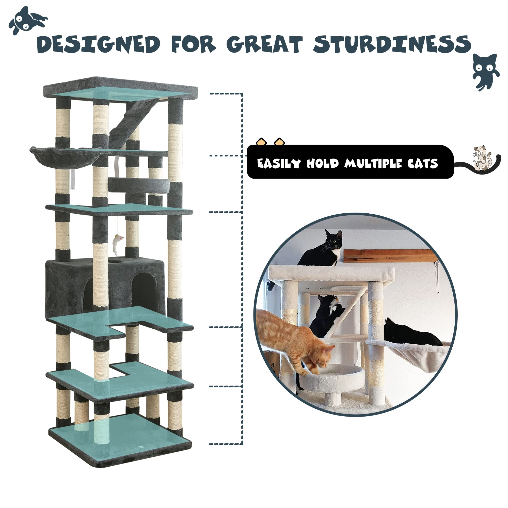 Mwpo 74.8 Inches Large Cat Tree With Sisal-Covered Scratching Posts & Condo, Tall Cat Tower Entertainment Playground Furniture For Cats & Kittens - Multiple Colors-Smoky Gray