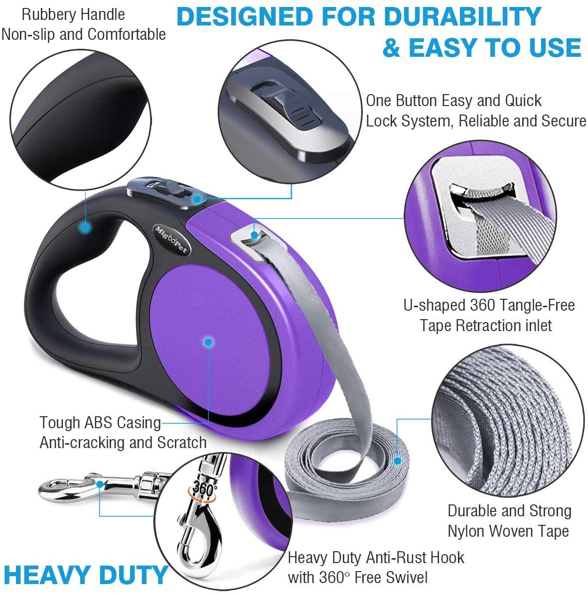Heavy Duty Retractable Dog Leash-16ft Strong & Durable Walking Leash for S to L Dogs up to 45/115 lbs, Upgraded Lock System, Non