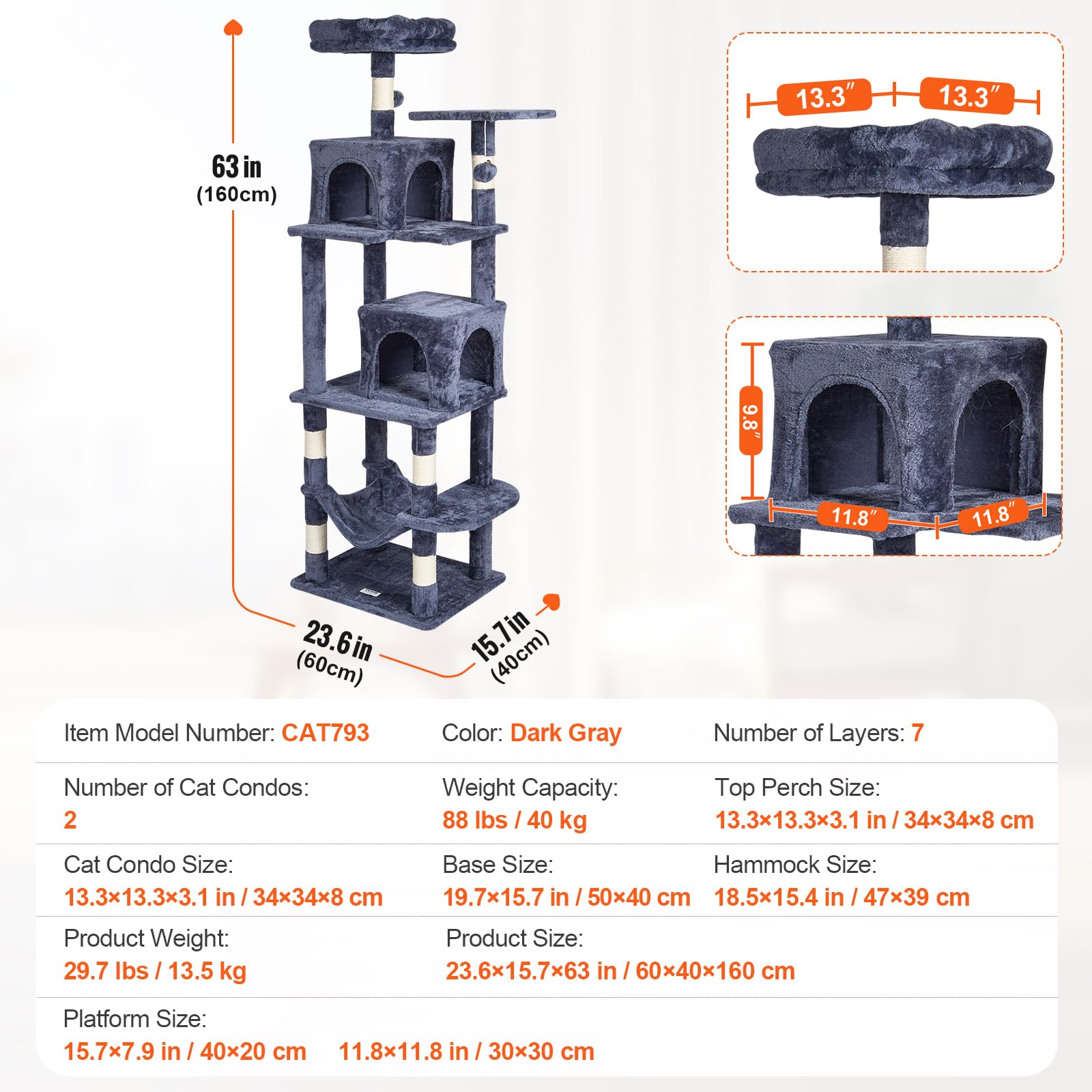 VEVOR Cat Tree 63 Cat Tower with 2 Cat Condos Sisal Scratching Post Light Grey