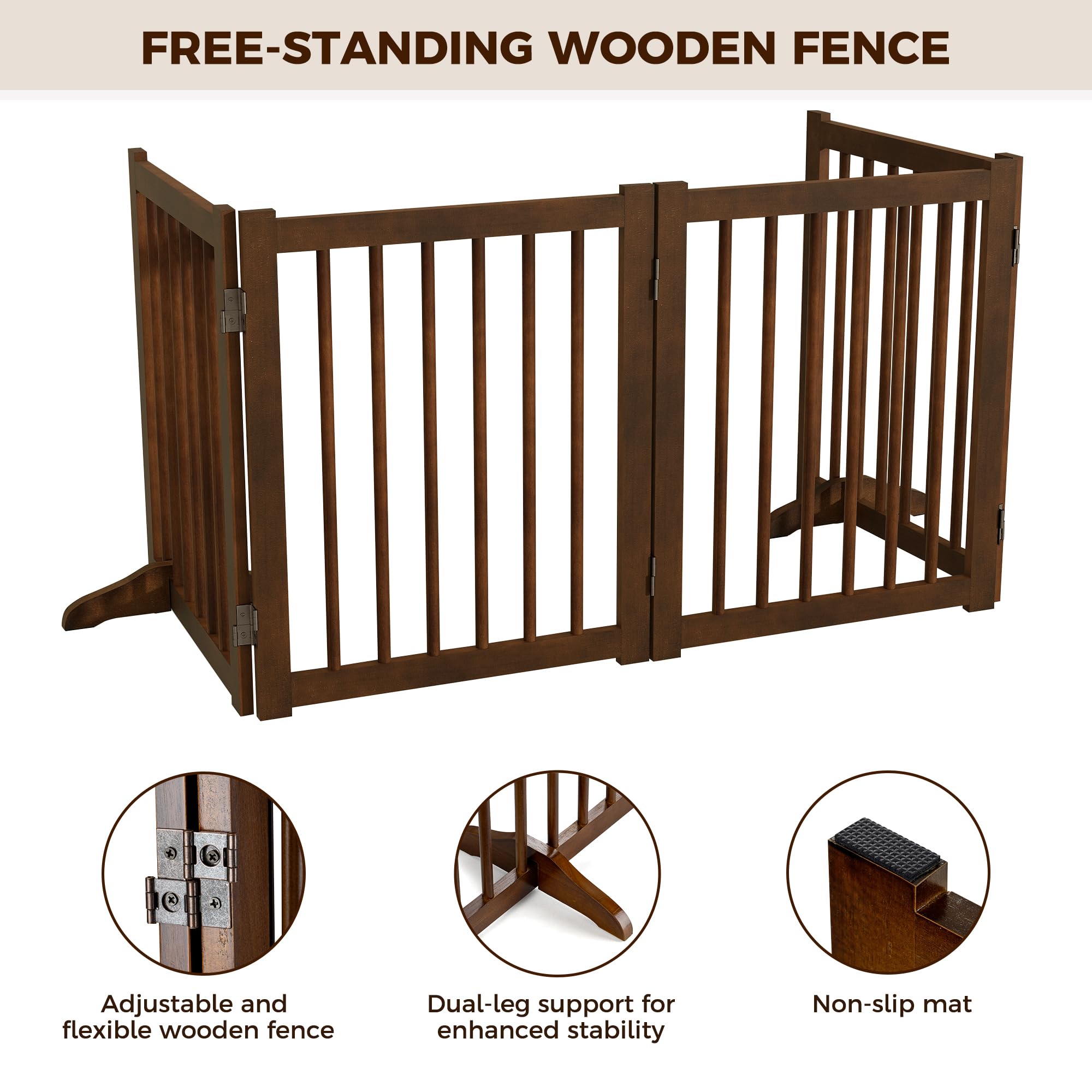 Solid Wood Freestanding Pet Gate - 4 Panels 24'' - Folding Safety Fence with 2 Support Feet - Ideal for Stairs, Doorways, Halls,
