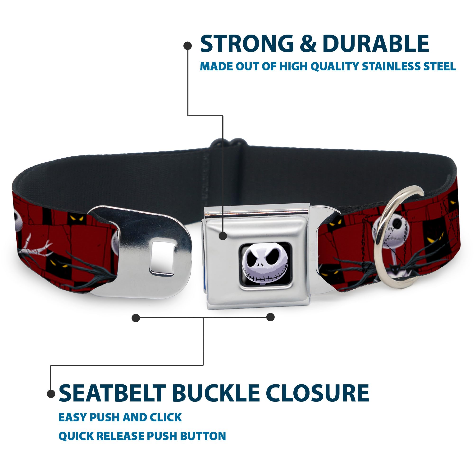 Dog Collar Seatbelt Buckle Nightmare Before Christmas 3 Jack Poses Peeping Eyes Burgundy 11 To 17 Inches 1.0 Inch Wide