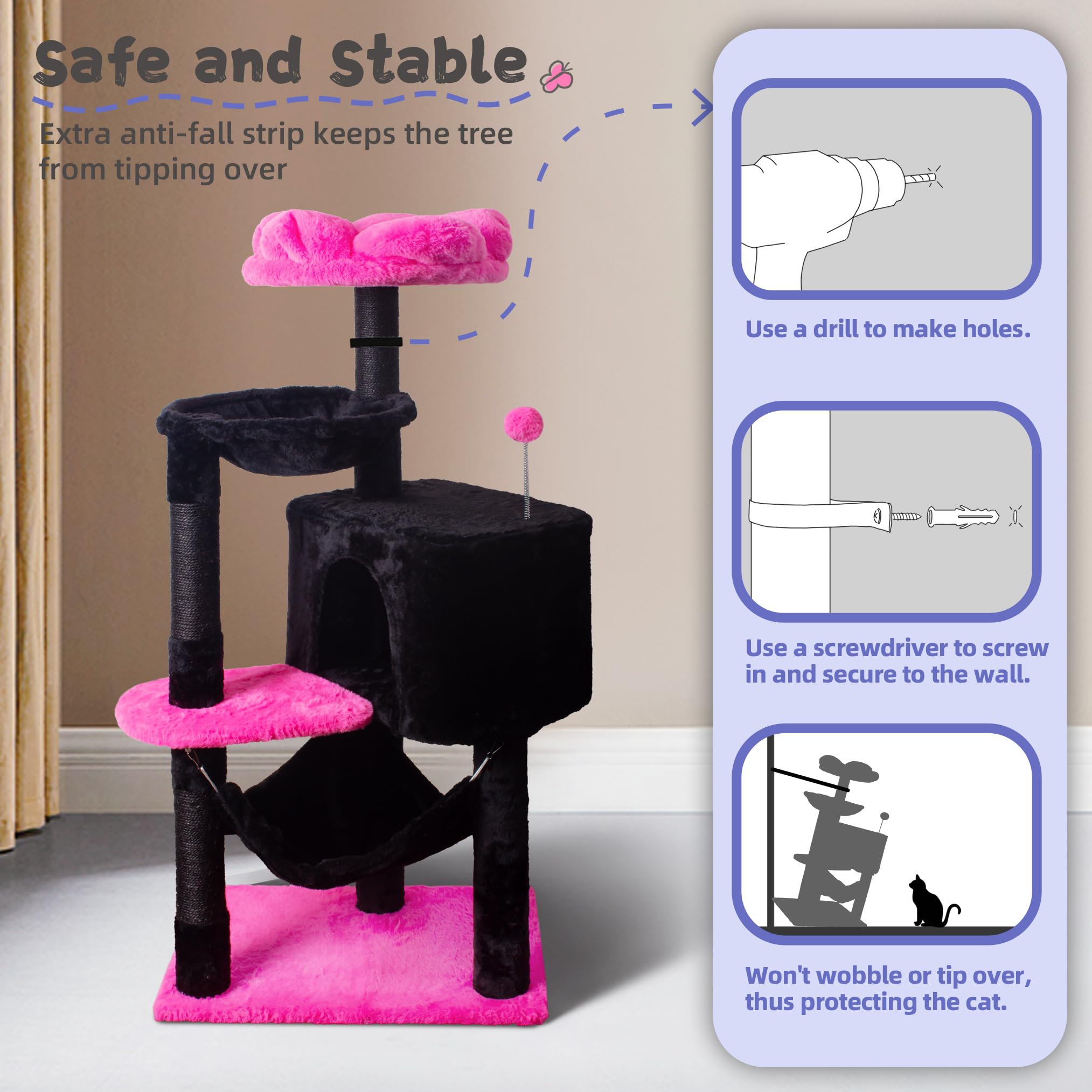 Fantasreen Cat Tree 43'' Black Pink Flower Cat Tower For Indoor Cats Large Cat Scratching Post With Comfy Hammock For Kittens Ad