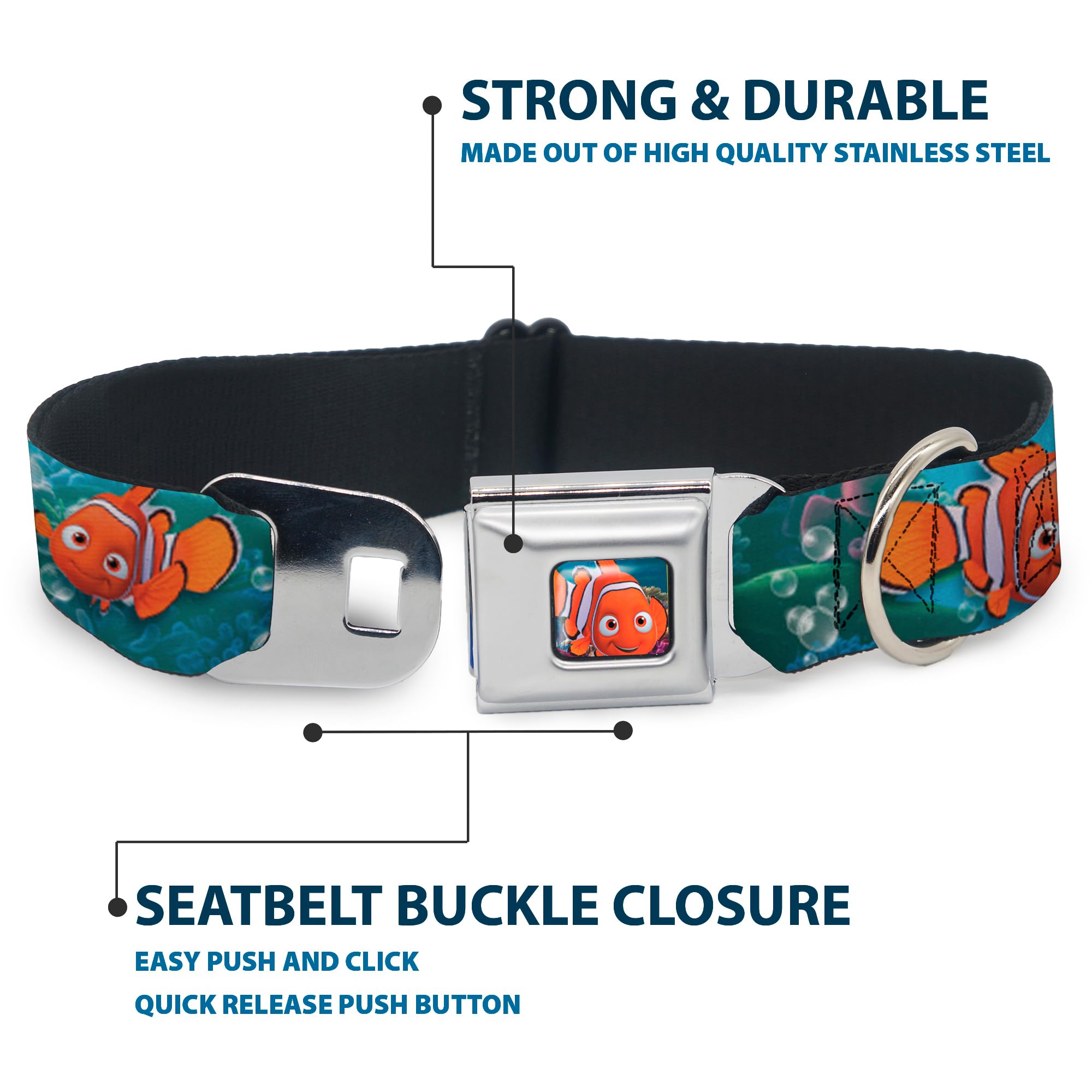 Dog Collar Seatbelt Buckle Nemo Dory Poses 13 To 18 Inches 1.5 Inch Wide