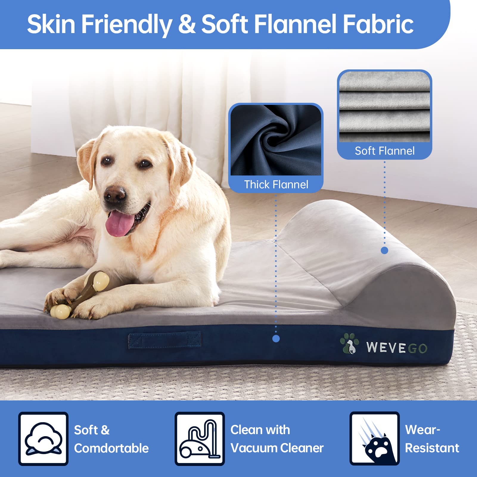Orthopedic Dog Bed, Large Dog Bed With Pillow, Thicken Gel Memory Foam Flannel Fabric Dog Bed, Durable Waterproof Liner & Removable Washable Cover With Anti-Slip Bottom, Sizes Large