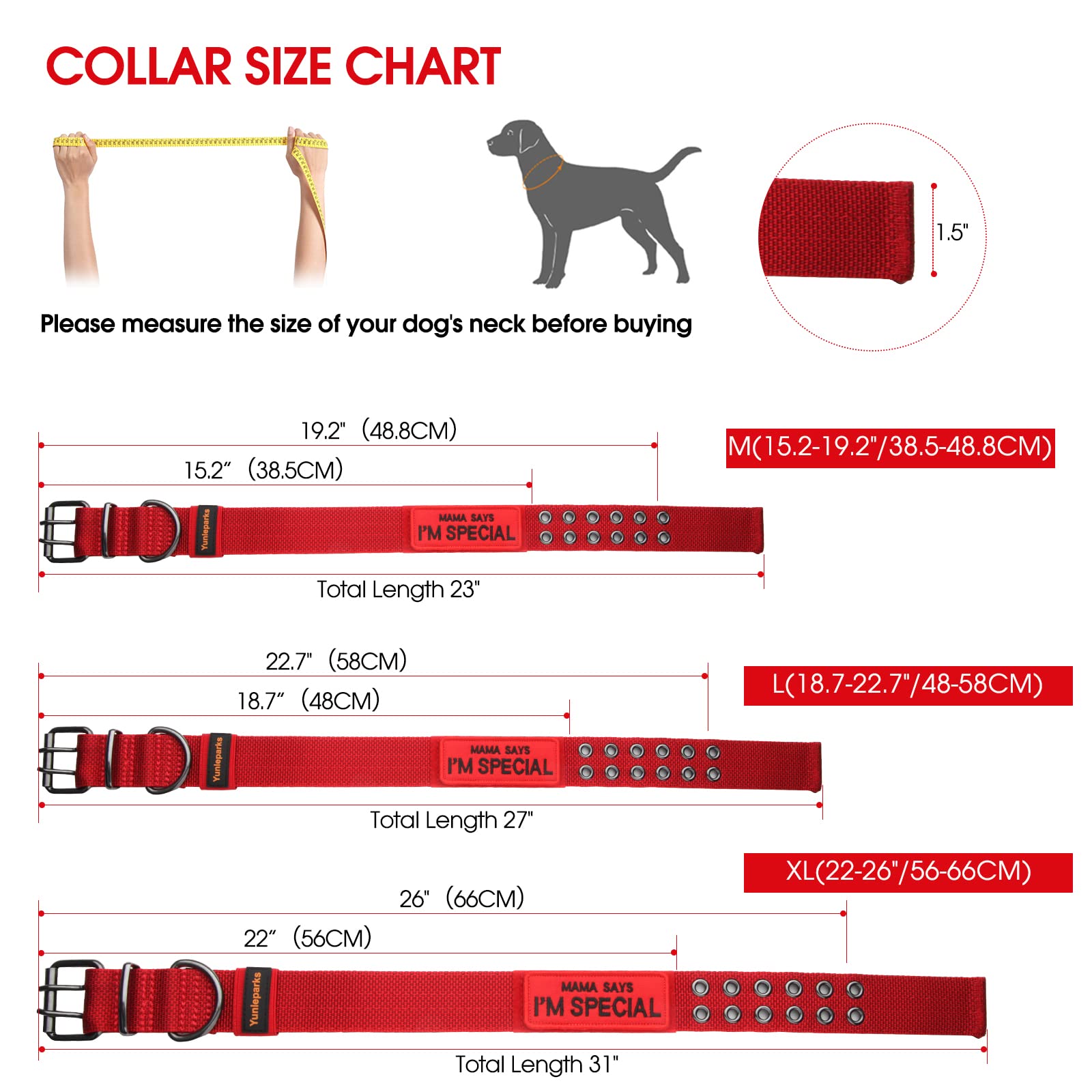 Yunleparks Tactical Collar For Medium Large Dogs, Heavy Duty Metal Buckle, Soft Neoprene Padded, Nylon Wide(Medium, Red)