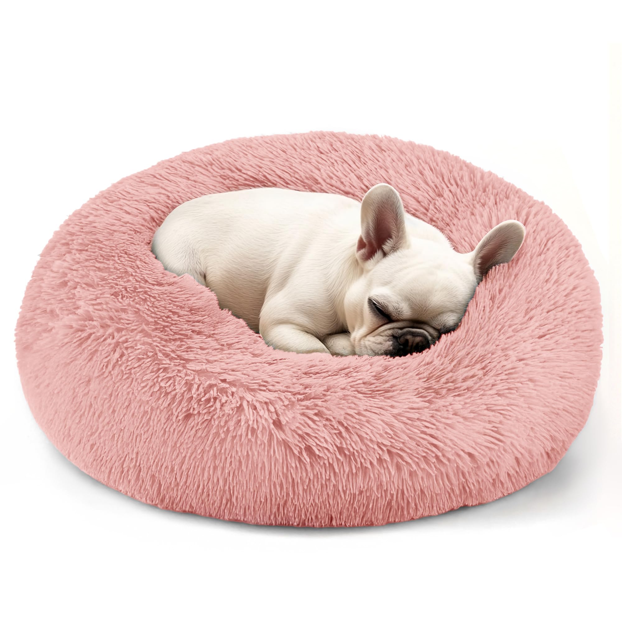 Dogs Bed for Small Dogs, Anti-Anxiety Washable Round Bed (Pink, 24.0 L x 24.0 W x 8.0 Th)