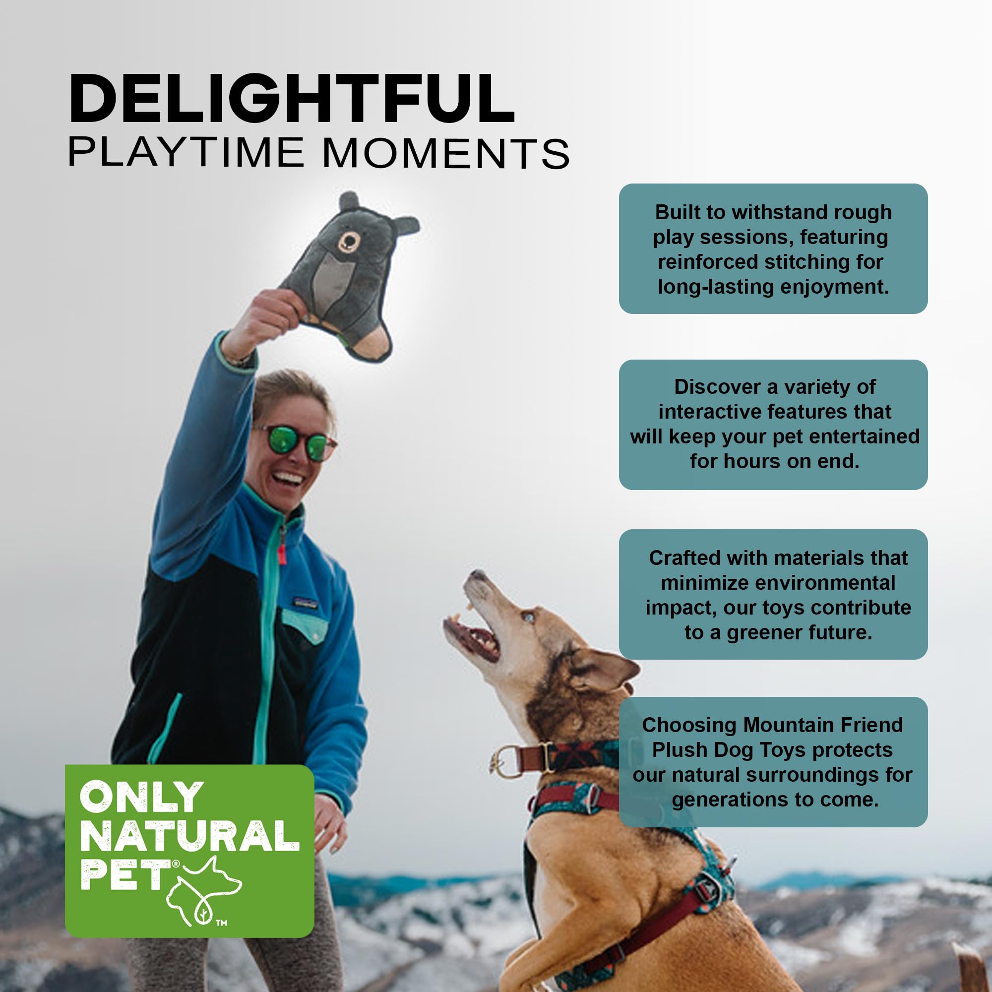 Only Natural Pet Mountain Friends Recycled Plush Dog Toys - Durable Double-Stitched Design with Internal Squeaker & Crinkly Ears