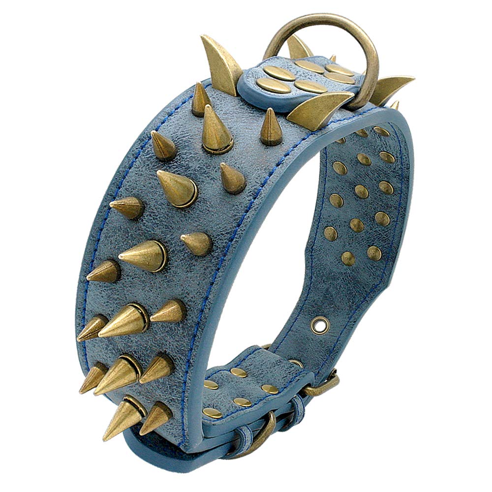 Berry Pet 2' Spiked Leather Dog Collar - Anti-Bite Sharp Rivet Studded For Pit Bull Medium Large Dogs,Blue Neck For 18.5-23.5' Total Length 25.5'