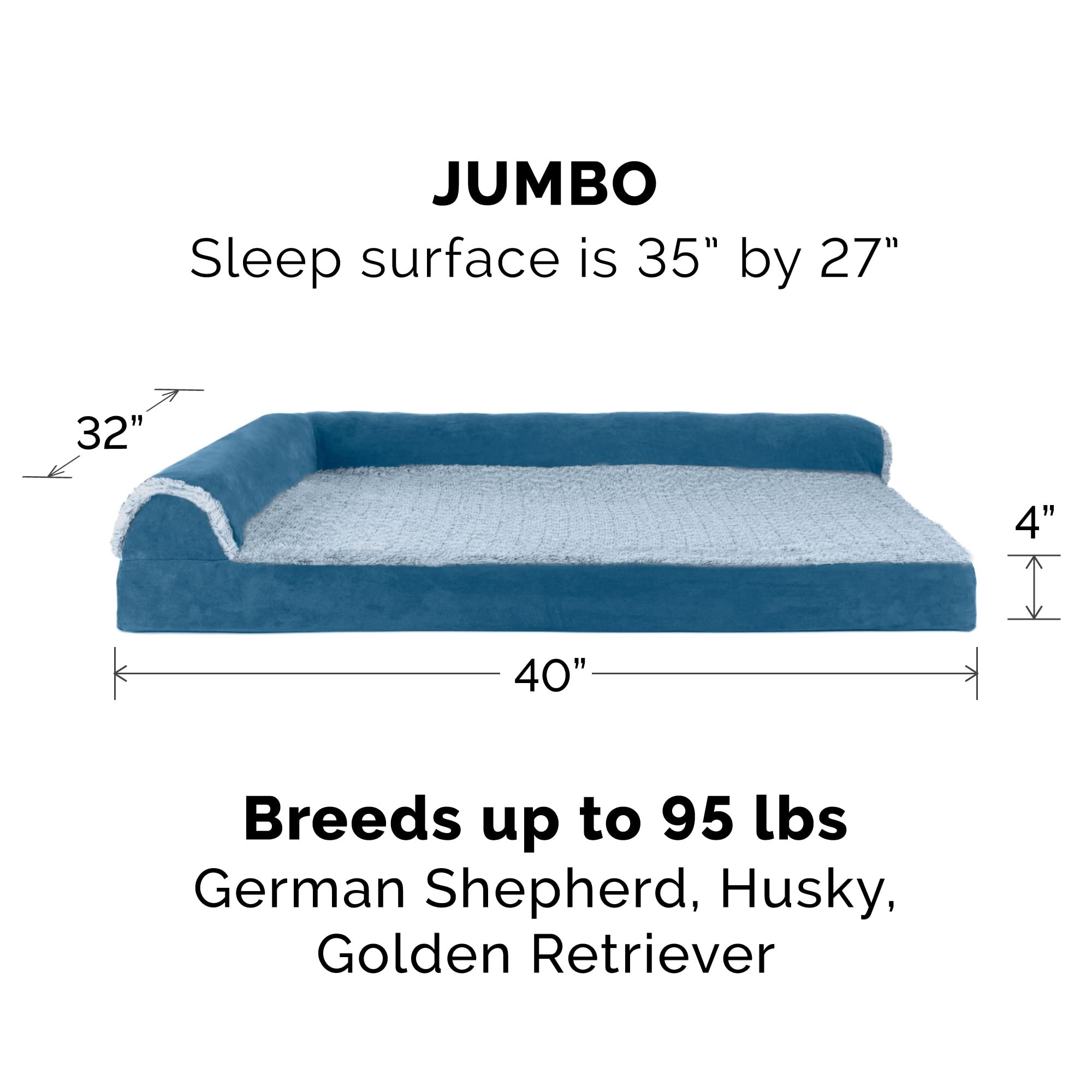 Furhaven Orthopedic Dog Bed For Large Dogs W/ Removable Bolsters & Washable Cover, For Dogs Up To 95 Lbs - Two-Tone Plush Faux Fur & Suede L Shaped Chaise - Marine Blue, Jumbo/Xl