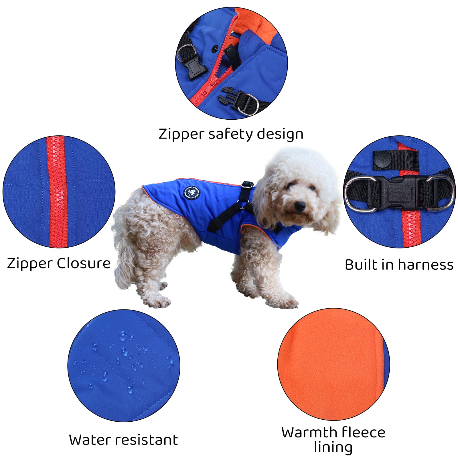 Norbi Pet Warm Jacket for Small Dogs - Medium Blue Cotton Vest Harness, 2-in-1 Winter Coat