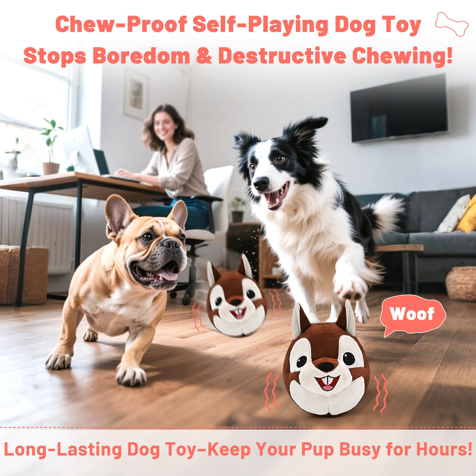 Interactive Dog Toys - Auto Bounce, Move & Vibrate with Sound, Talking Squirrel Puppy Toy for Small Medium Large Dogs, Rechargea