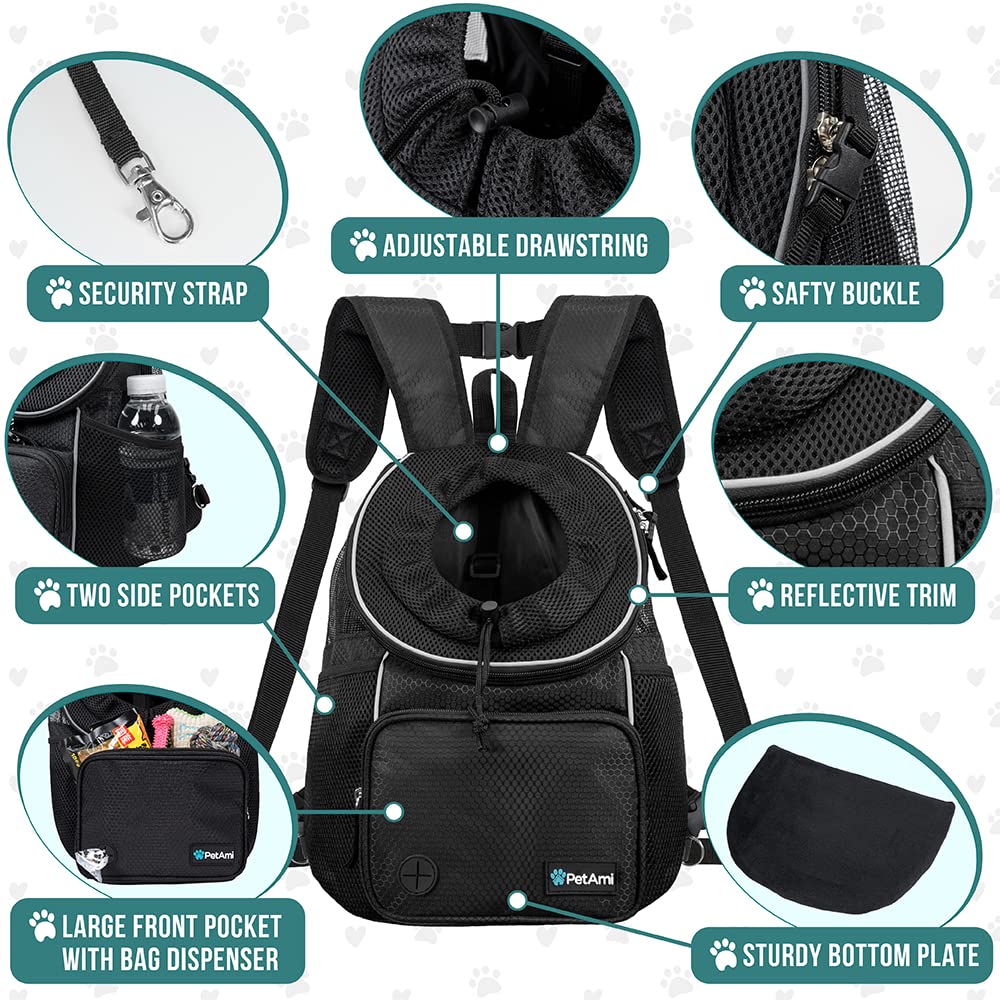 Petami Dog Front Carrier Backpack, Adjustable Dog Pet Cat Chest Carrier Backpack, Ventilated Dog Carrier For Hiking Camping Travel, Small Medium Dog Puppy Large Cat Carrying Bag, Max 15 Lbs, Black