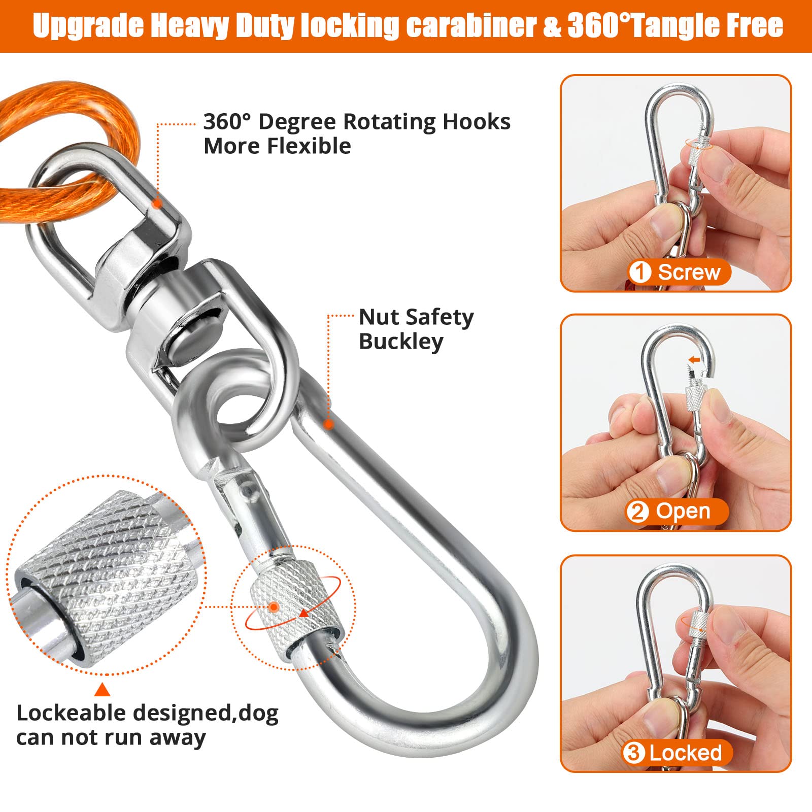 Jenico Dog Tie Out Cable, 10-150FT Runner Cable with Swivel Hook and Shock Spring, Yard & Camping Dog Leash Tether for Small to