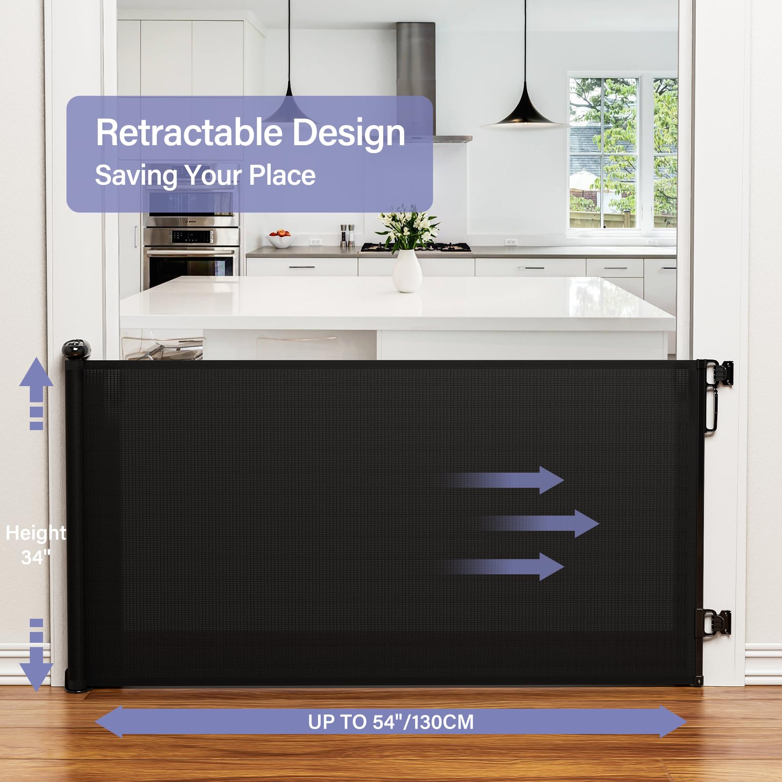 Probebi Retractable Baby & Dog Gate - Extra Wide (54' W X 34' H), Ideal For Stairs, Hallways, Doorways, Deck & Porch