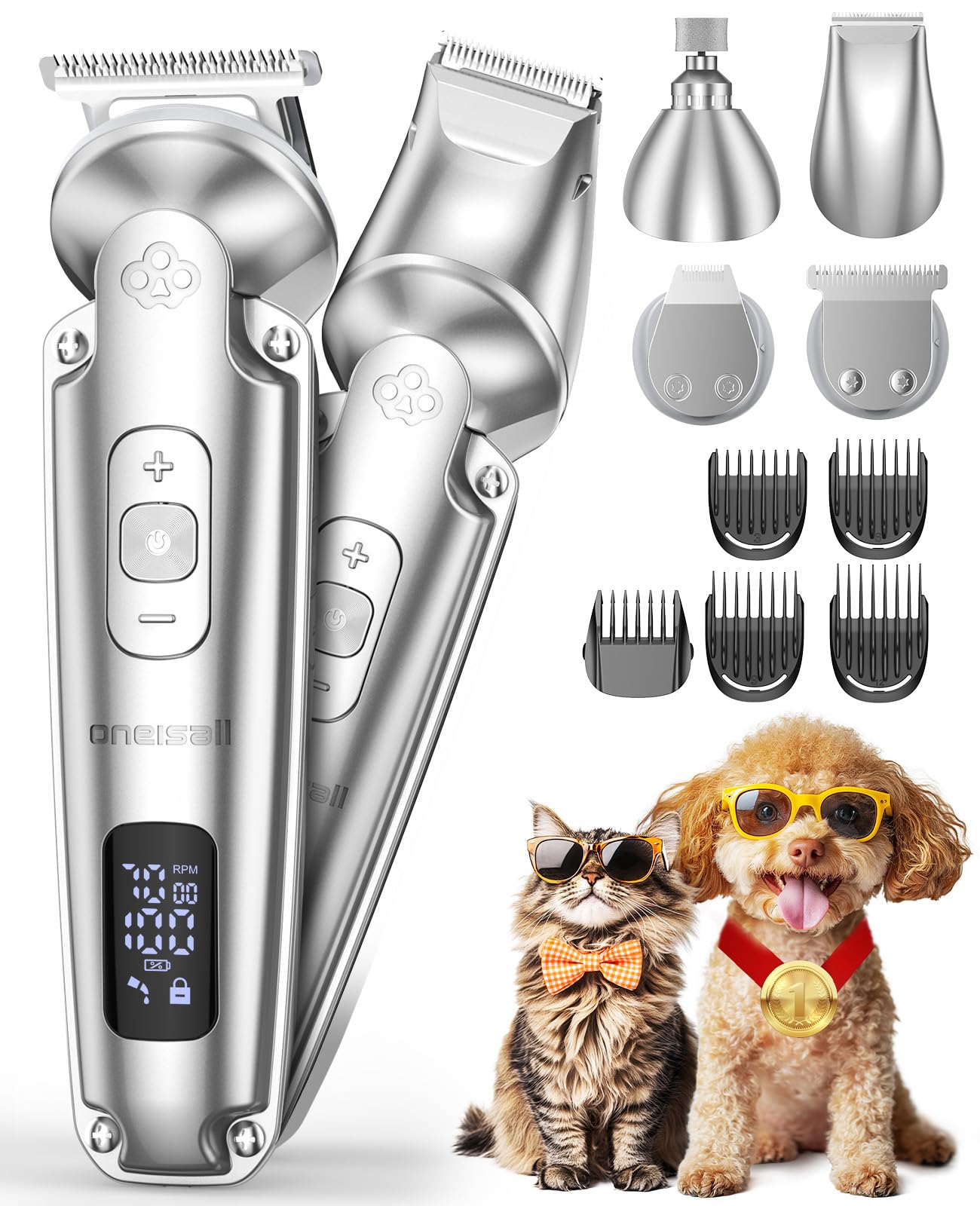 oneisall Small Dog Clippers - 4-in-1 Cordless Grooming Kit, Low Noise, 7000 RPM, Waterproof, Silver, Model FC09