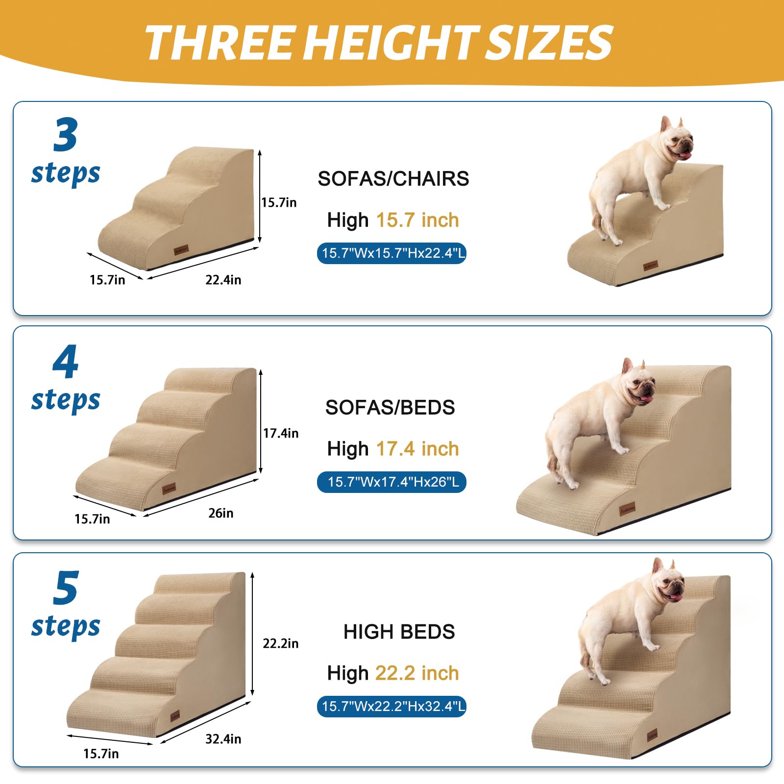 Aodisman 3-Step Dog Ramp and Stairs for Sofa and Chair - Non-Slip Sturdy Pet Steps for Small Dogs and Cats,15.7 H,Khaki
