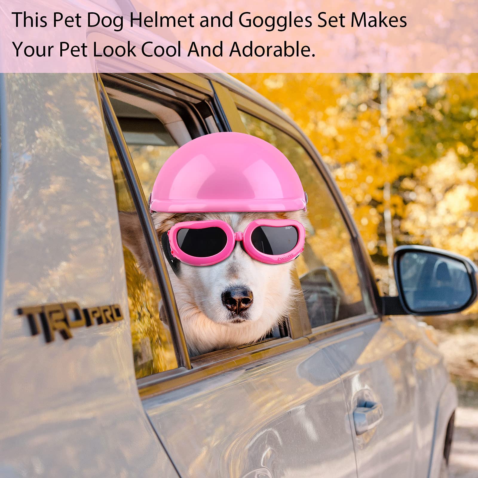 Small Dog Helmet Goggles Uv Protection Doggy Sunglasses Pet Dog Glasses Motorcycle Hard Safety Hat With Adjustable Belt Windproof Snowproof Eye Head Protection For Puppy Riding, S Size (Pink)